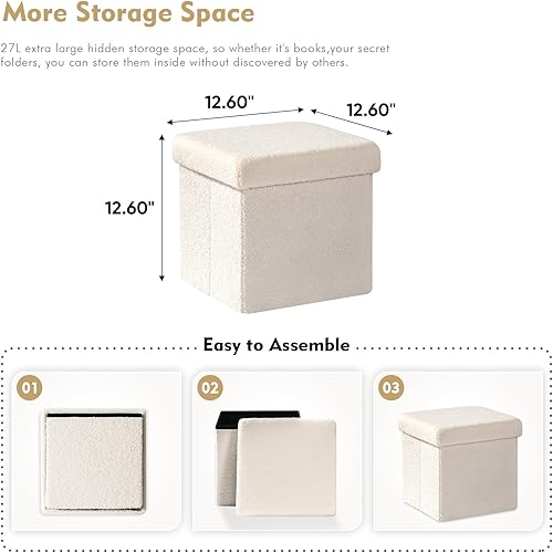 Miniatura 3 de B FSOBEIIALEO Pequeño cubo otomano de almacenamiento Sherpa otomano reposapiés, otomana plegable Boucle, piel de peluche sintética, color blanco,