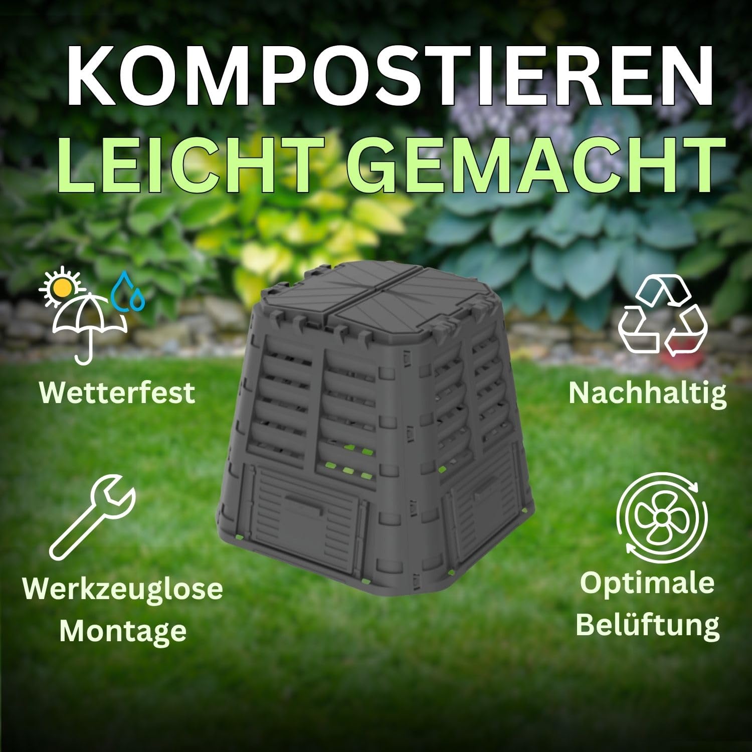 ViD Composteur de jardin 480 l, noir, 93 x 93 x 80 cm, composteur rapide, robuste, résistant aux intempéries, composteur thermique avec système de ventilation, plastique