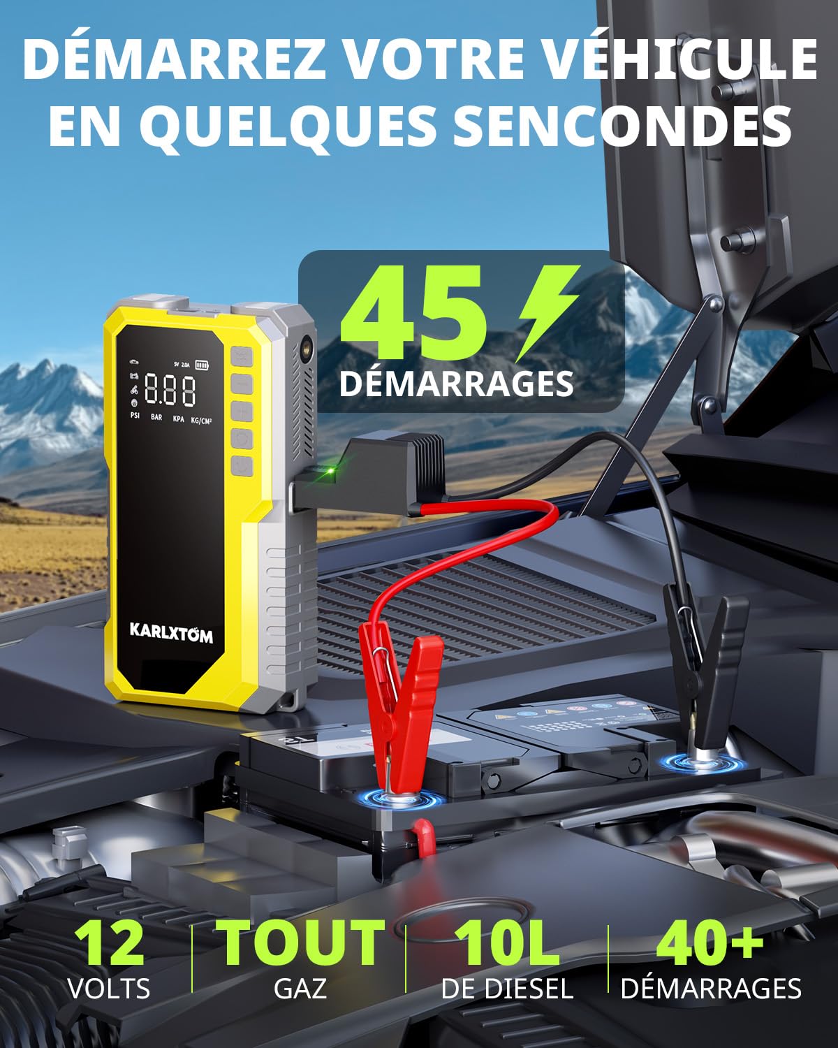 Karlxtom Booster Batterie Voiture avec 190 PSI Gonfleur, 12V Booster Voiture Puissant(Tous Gaz ou 10L Diesel), Écran LCD, 500LM Eclairage de Secours, Banque d'alimentation