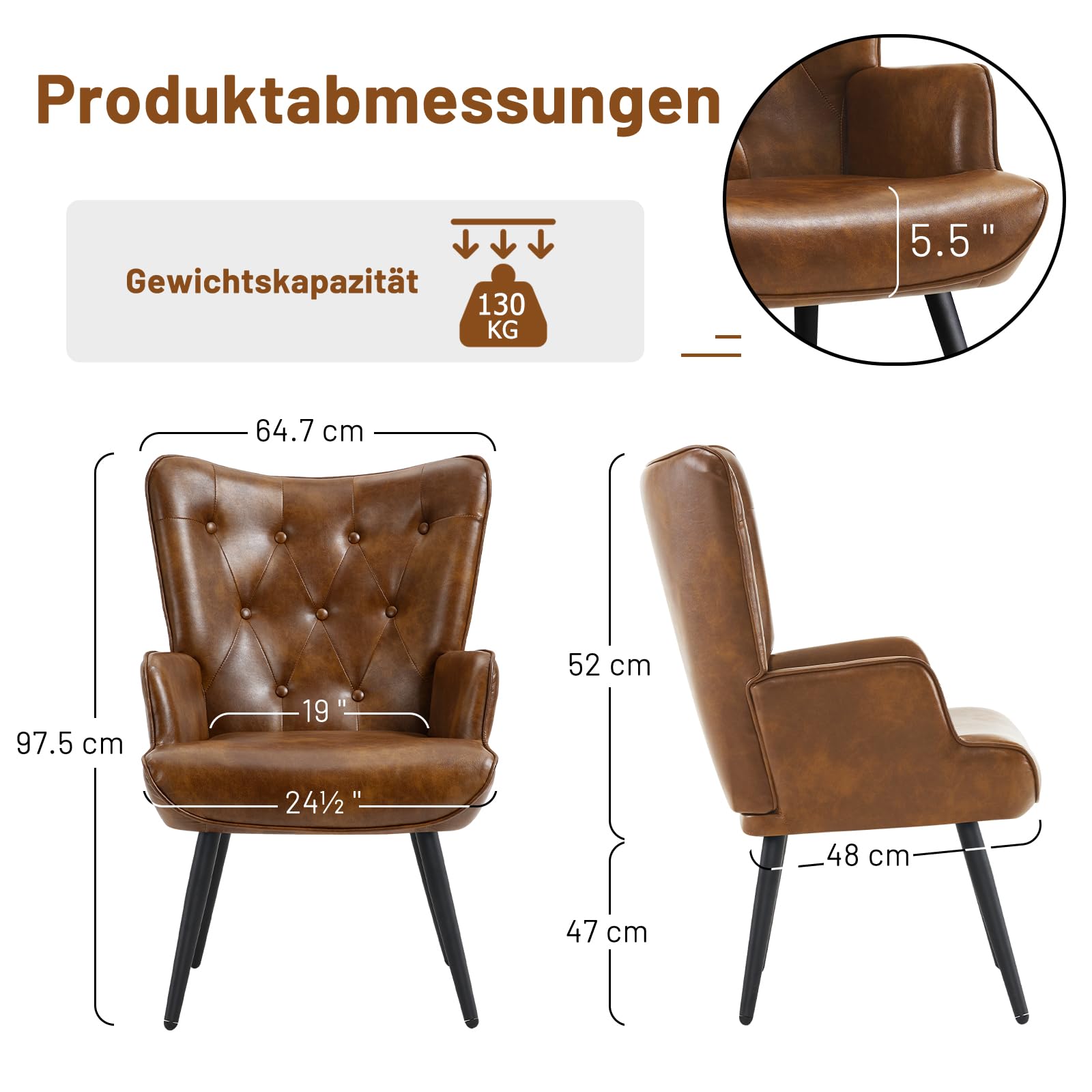 Sillones de Salón, Butaca de Salón, Sillón de Salón Orejero Estilo Escandinavo, Butaca de Dormitorio con Tapizado Sillón Lectura para Dormitorio Sala de Estar, Marrón