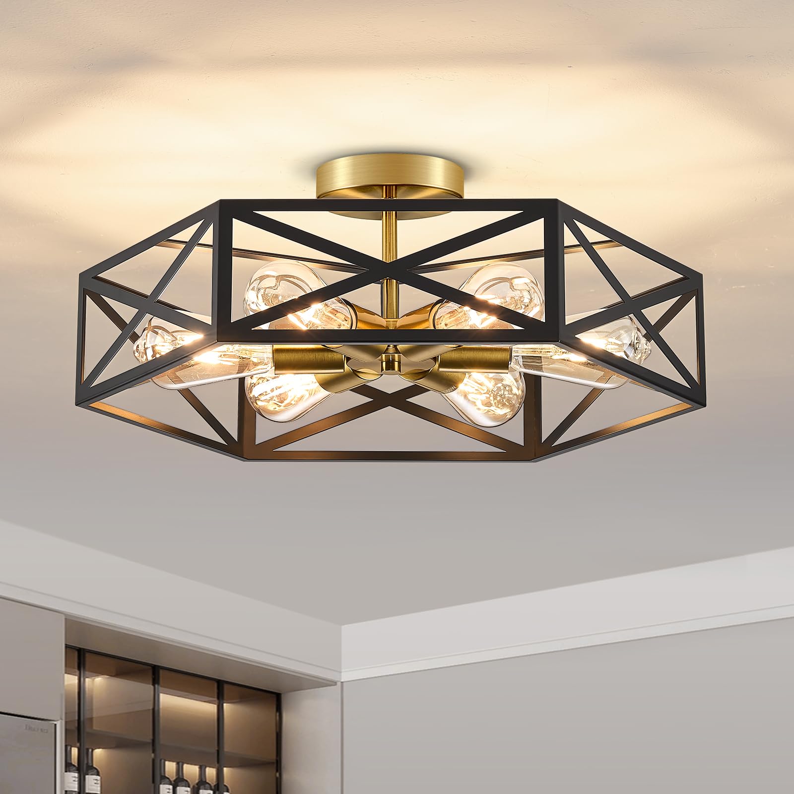 Lampada a Soffitto Vintage Nera e Oro 6 Luci E27, Stile Industriale Semincassata, Struttura in Metallo, Design a Gabbia Moderno per Cucina, Ingresso, Camera da Letto, Soggiorno