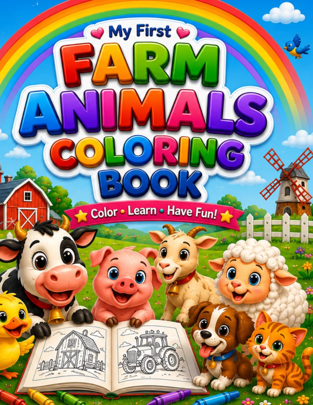Farm Animals Coloring Book: Color, Learn and Have Fun with Farm Animals, Animal Families, Fun Activities and Easy Coloring Pages for Toddlers and Preschool Kids Ages 2-5 (Kidz Duniya Coloring Books)