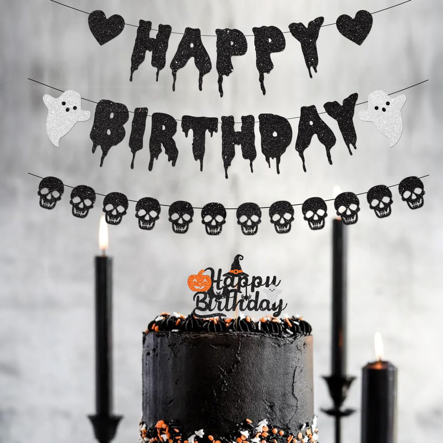 Schwarz Glitzer Halloween Geburtstag Banner mit Herz Schädel Girlande für Halloween Geburtstag Party Dekorationen, Größe: Breite: ca. 120 cm, Höhe: ca. 17 cm