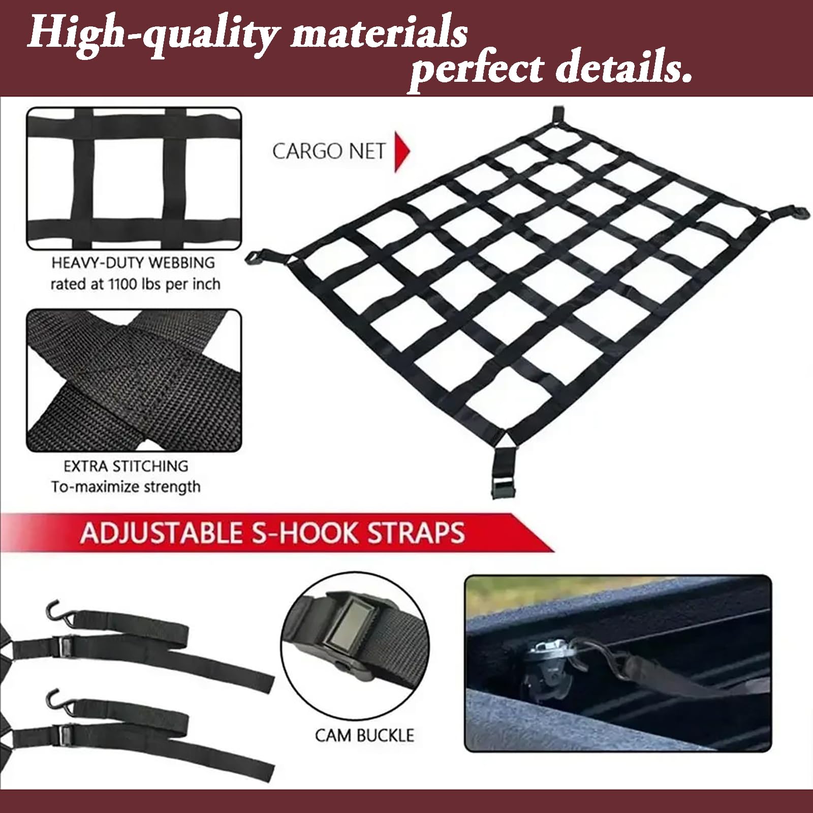 Red De Carga Pesada,208x127cm,Resistente a Las Grietas,4 Correas,Adecuado para Camiones,Remolques,Camionetas,SUV,Etc.,Negro