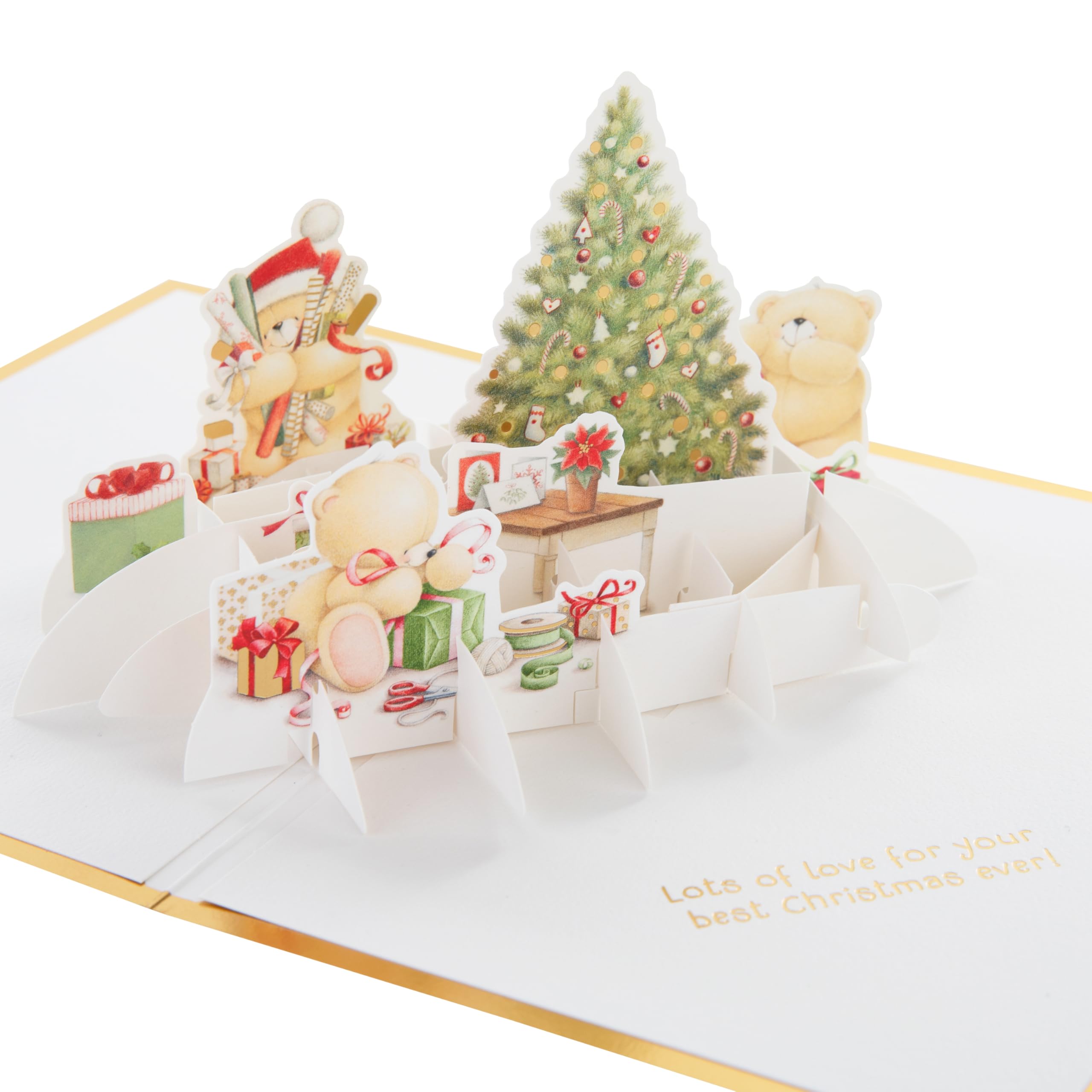 Hallmark Christmas Card, Forever Friends Card, 3D & Pop Up Card, Forever Friends Bears with Gifts, With Gold Foil Details, White, Gold