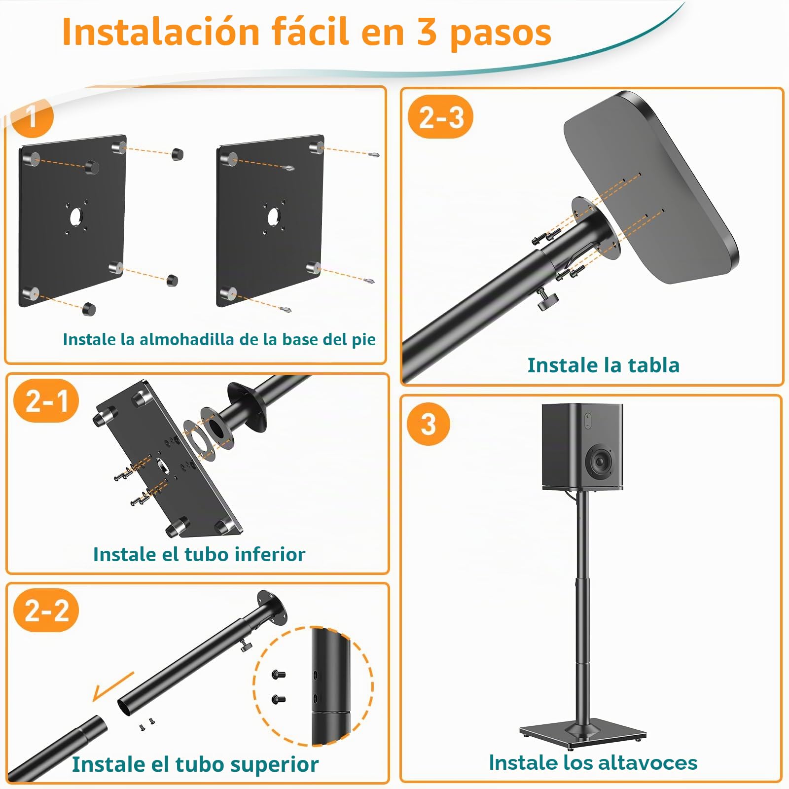 ELIVED Soporte universal para altavoces (altura regulable hasta 95 cm, con base de cristal y canal de cable interno para altavoces de estantería, capacidad de carga de 10 kg, 1 par), color negro