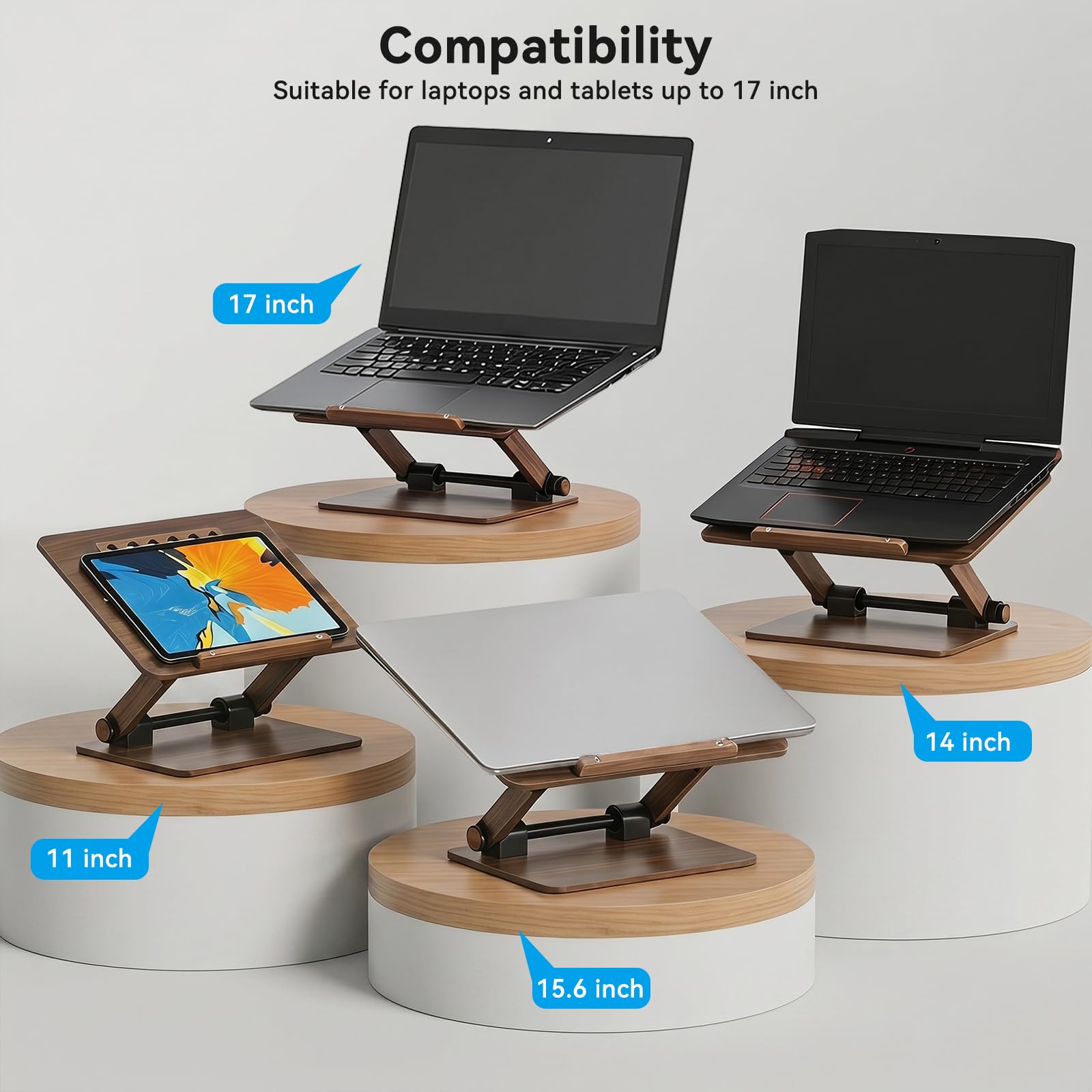 aceyoon Supporto regolabile per computer portatile da scrivania, in legno, pieghevole, con ventola di ventilazione, supporto ergonomico a doppia barra per notebook per MacBook Air/Pro e laptop da 11