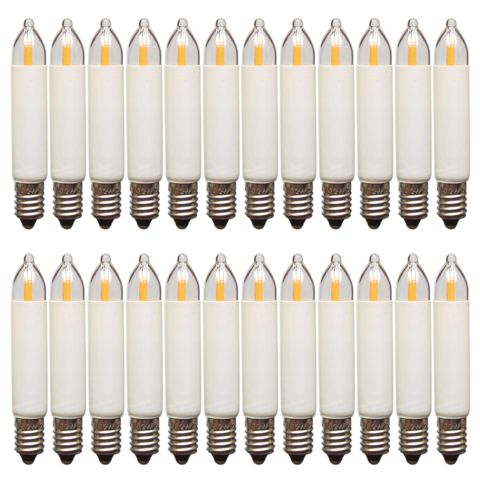 Erzgebirgslicht - AUSWAHL - 24 Stück LED Filament Kleinschaftkerze 14V 0,2W E10 für 16-17 Brennstellen Ersatzbirne Glühbirne Minischaftkerze Glühlämpchen für Lichterketten Pyramide und Schwibbogen