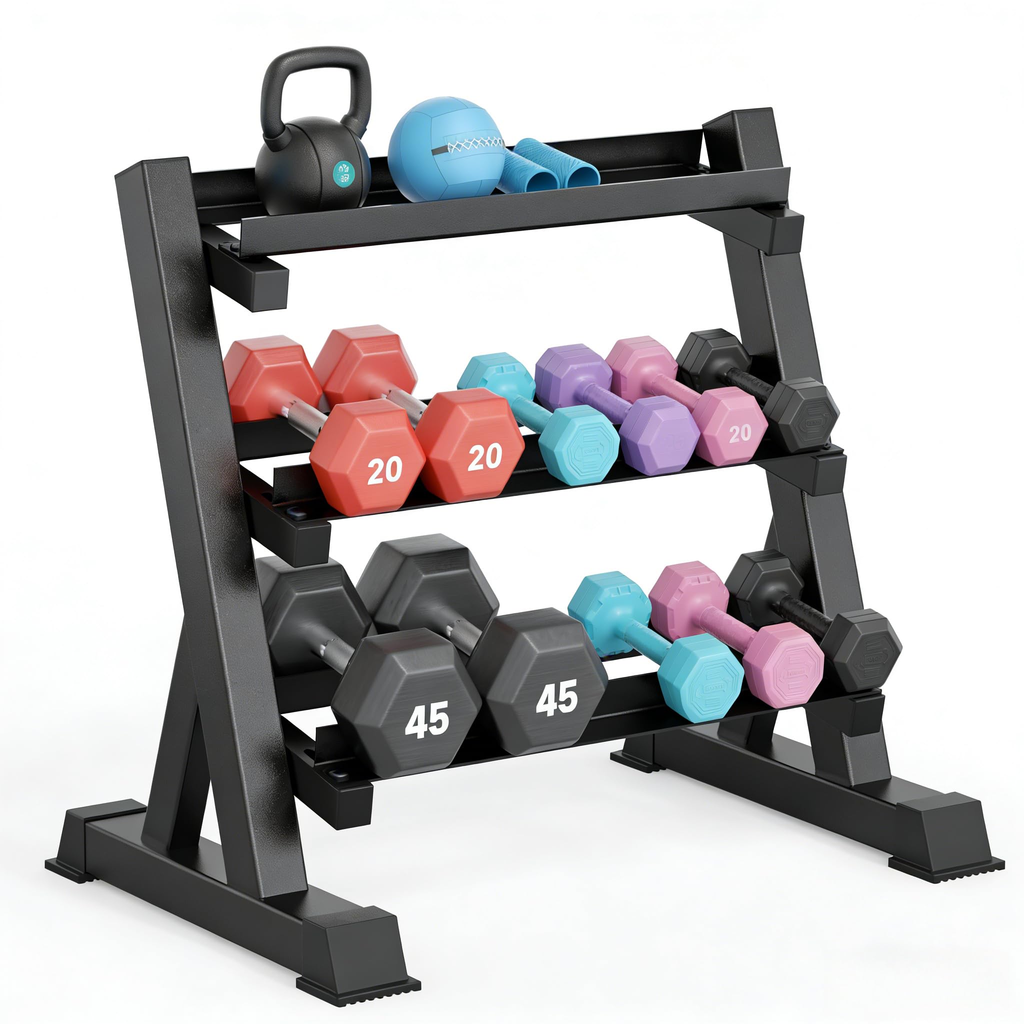Dripex 3/5 Ebenen hantelständer kurzhanteln, Passend zu Hanteln, Kettlebells, Langhanteln, Max.500kg Einstellbar hantel ständer (3-Ebenen(Standard)+10KG Hantel Set(Schwarz))