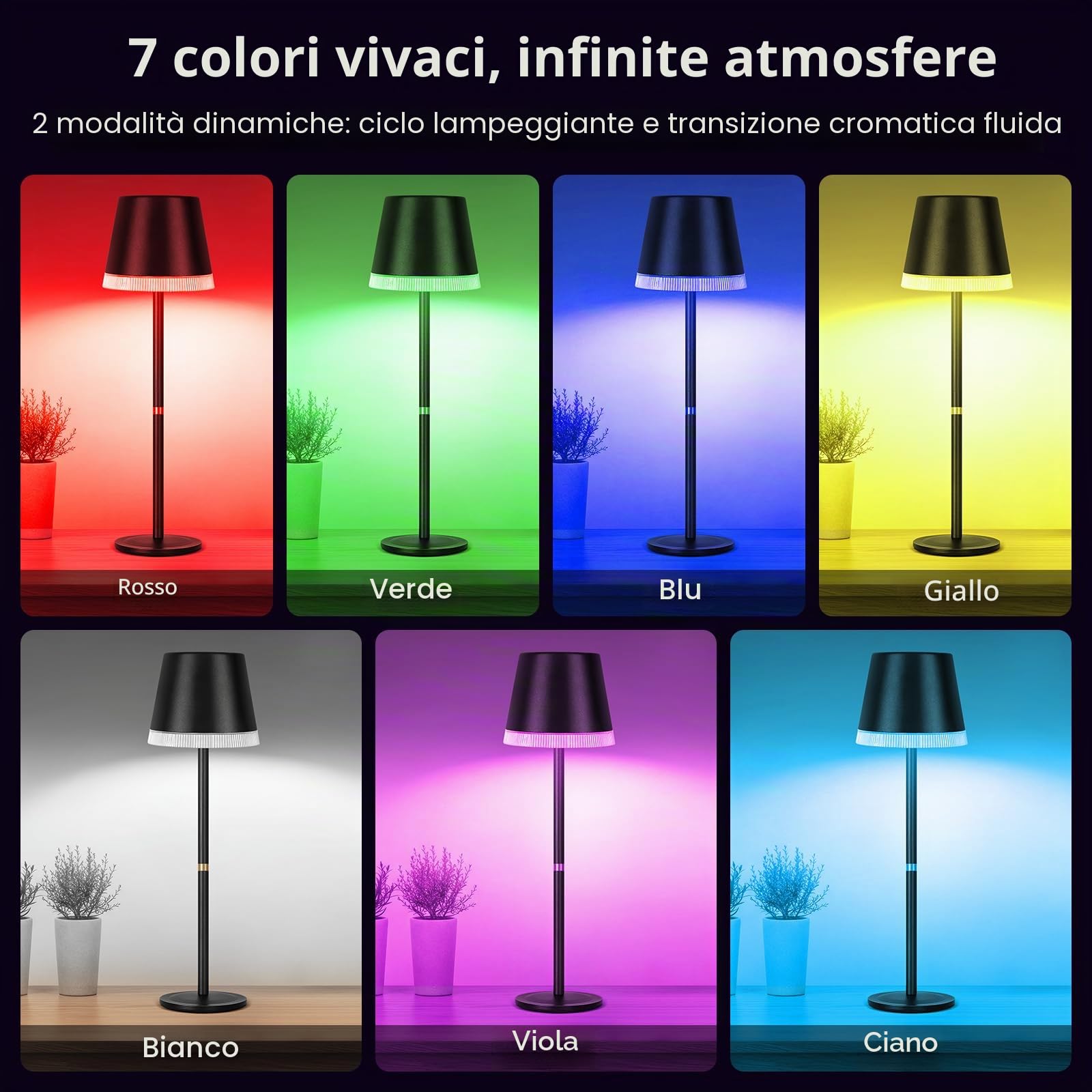 OUTON 2 Pezzi Lampada da Tavolo Senza Fili con 3 Modalità, Nero | Colore e Luce RGB, Lampada LED Ricaricabile con Touch, Dimmerabile, Memoria, Impermeabile IP54 per Camera da Letto