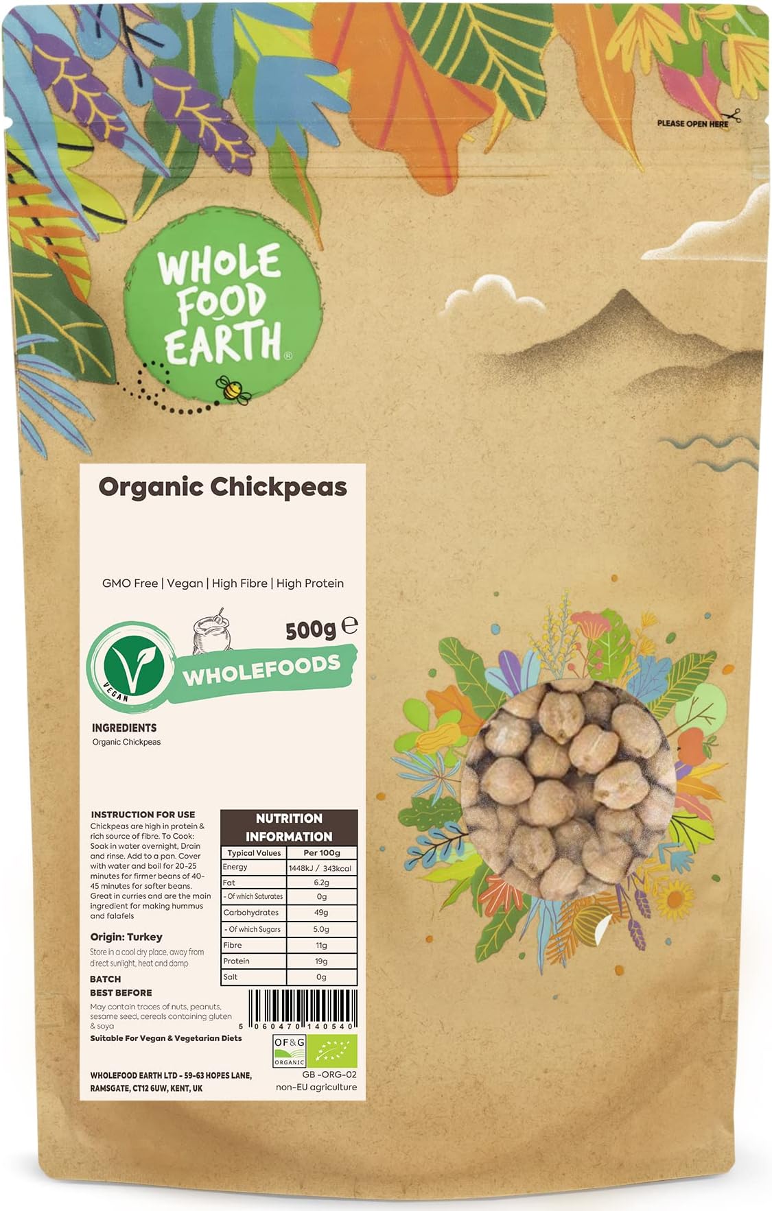 Organic Chickpeas 500g GMO Free | Vegan | High Fibre | High Protein | Certified Organic