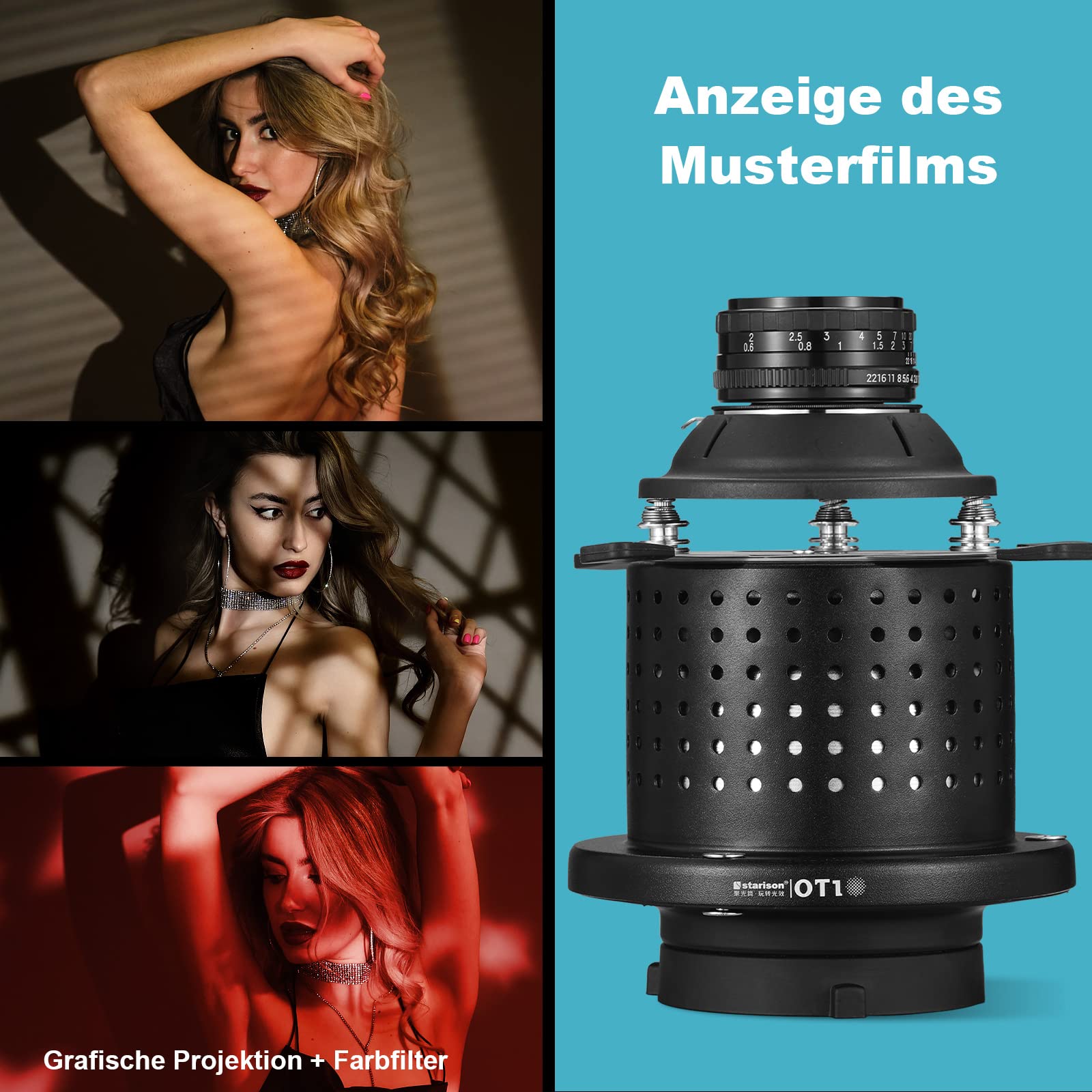 SOONPHO Snoot Optique Conique Bowens Mount avec Objectif 50mm, 8 GOBOs 4 filtres Couleur et 4 filtres Graphiques pour la Photographie créative