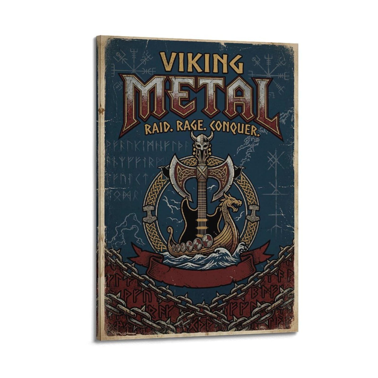Okngb Frame-Style Vintage Nordic Mythology Guitar Viking Metal Music Poster Decorative Painting Canvas Art Picture 20X30inch(50X75cm)