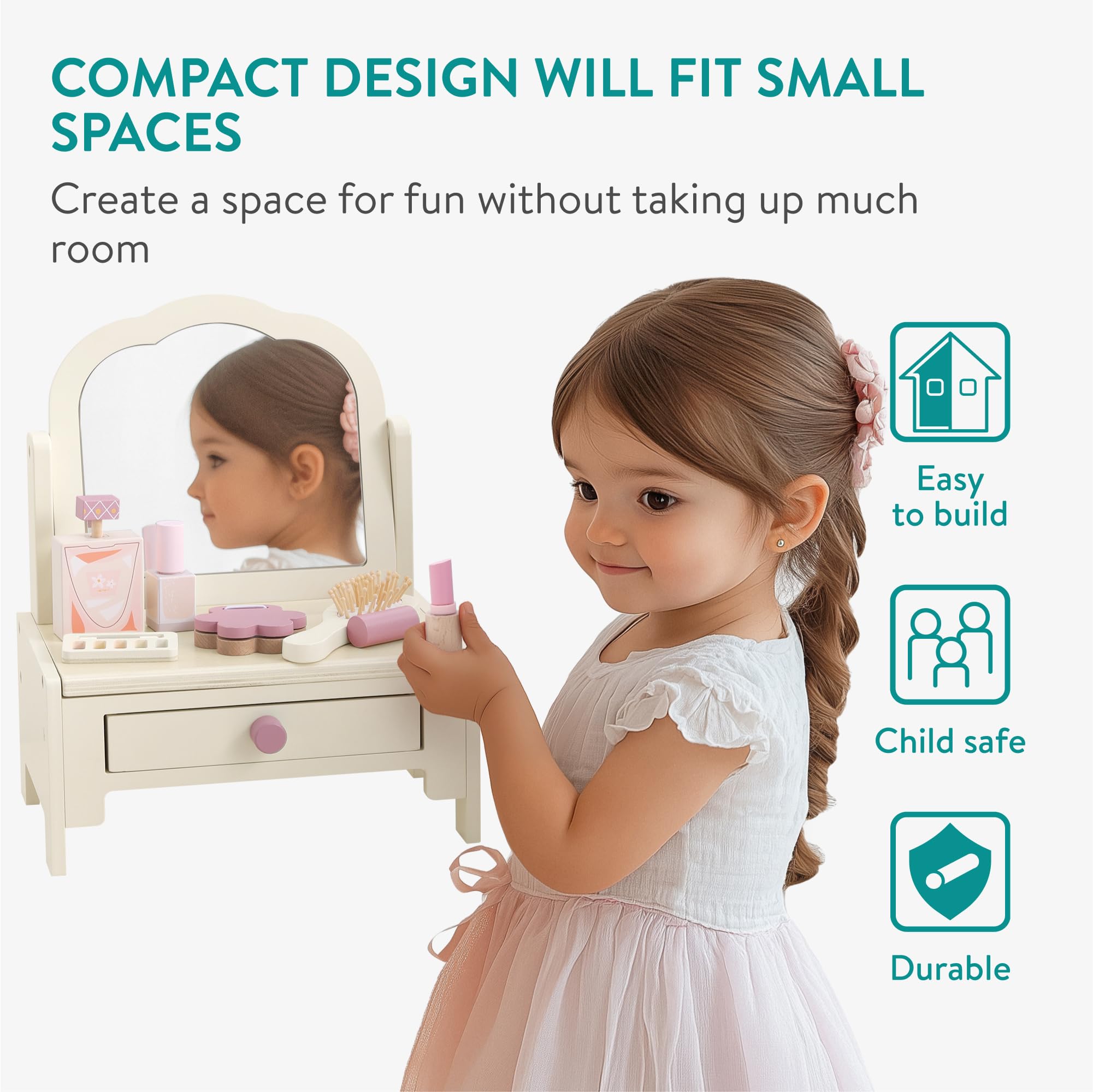 Navaris Tocador Niña de Madera - Tocador Infantil Niña y Niño - Incluye 6X Accesorios de Madera - Tocador para Niñas y Niños +3 Años - Tocador Juguete 33 x 27 x 17 cm