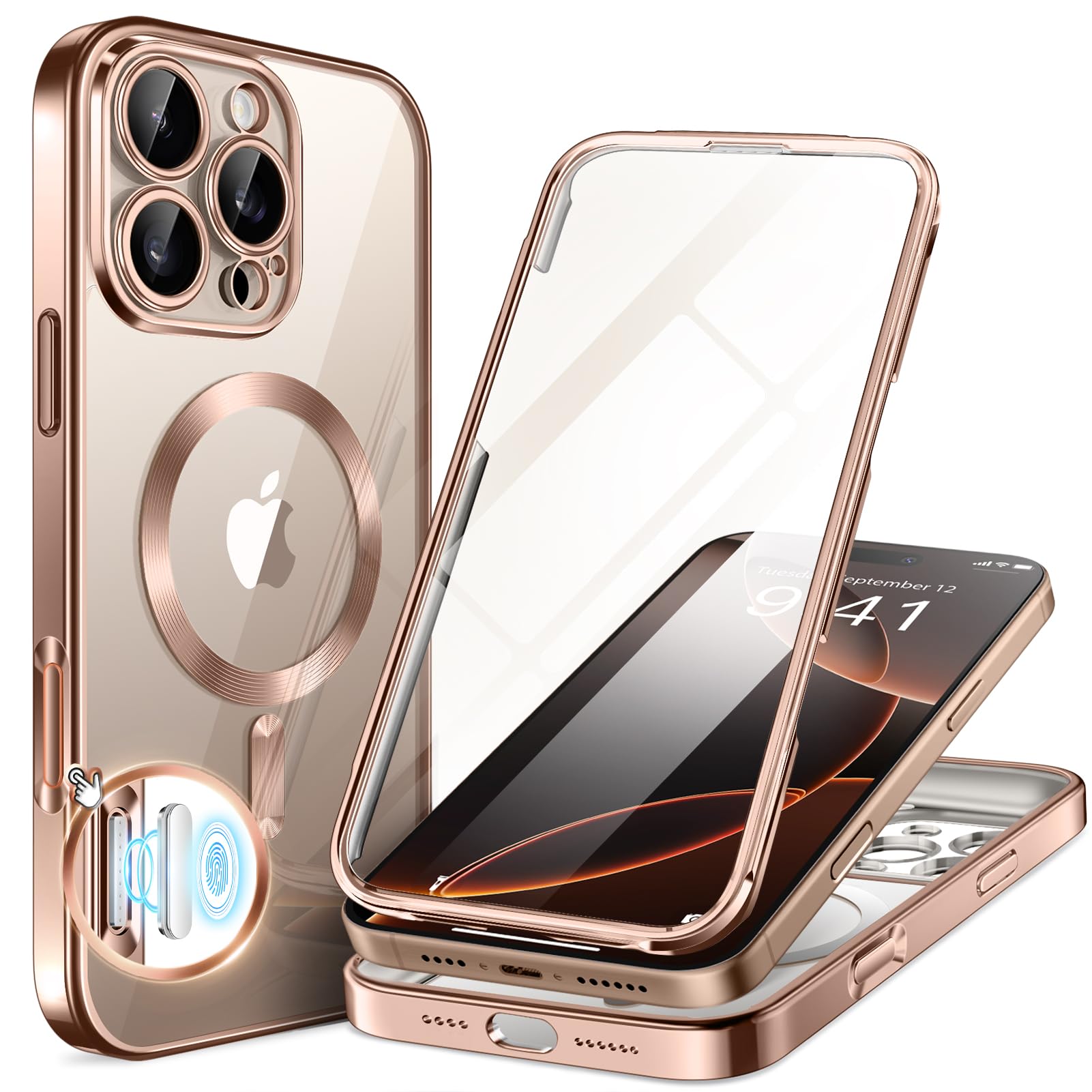 BERFY Magnetic for iPhone 16 Pro Max Case 6.9", [Compatible with Magsafe] Built-in Tempered Glass Screen Protector & Upgraded Camera Protection, Full-Body Plating Phone Case for 16 ProMax, Desert Gold