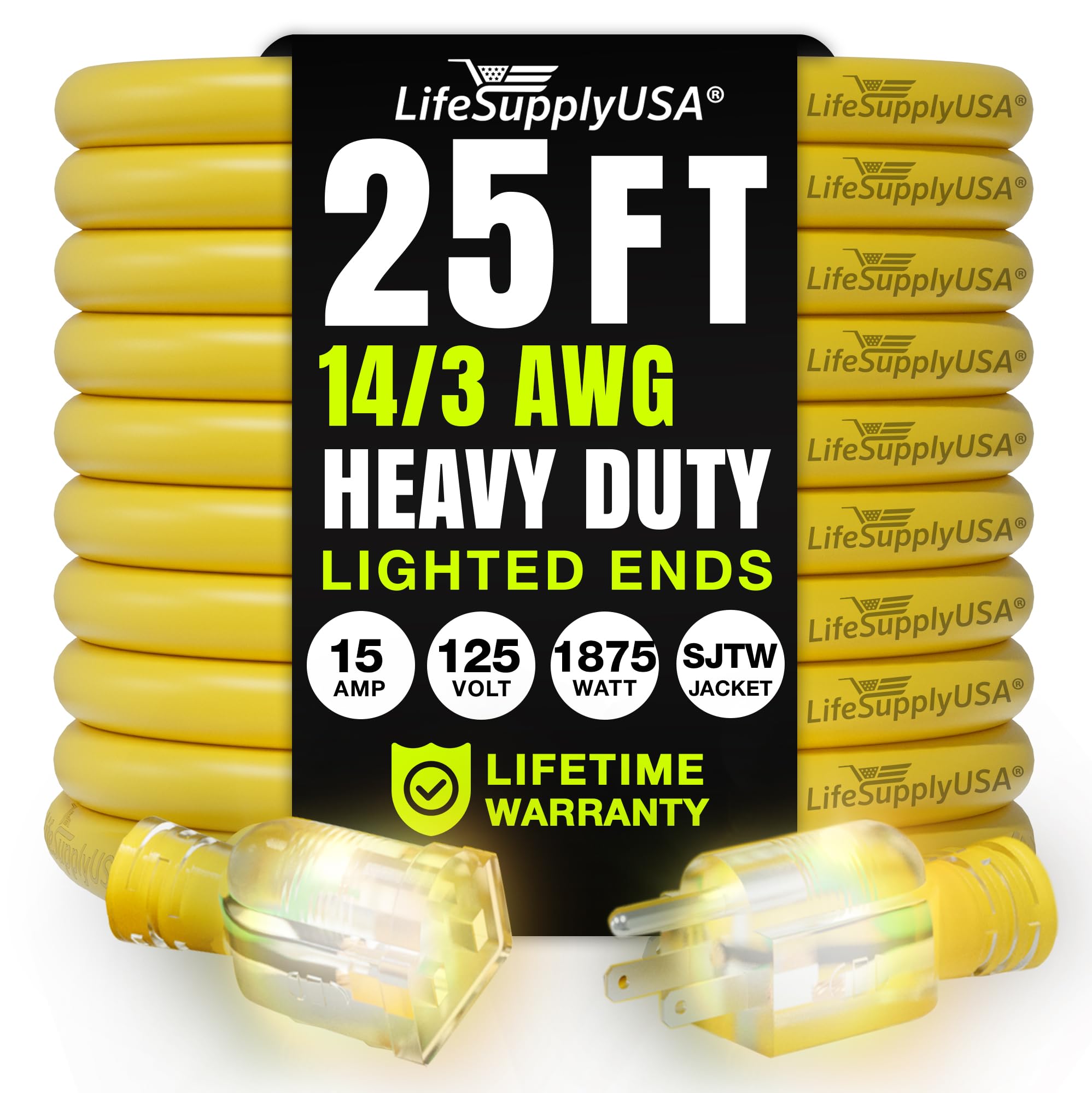 25ft Outdoor/Indoor Extension Cord 14/3 Gauge Heavy Duty 3 Prong SJTW, Waterproof, Flexible Cold-Resistant Long Power Cord,15A 125V 1625 W, Yellow by