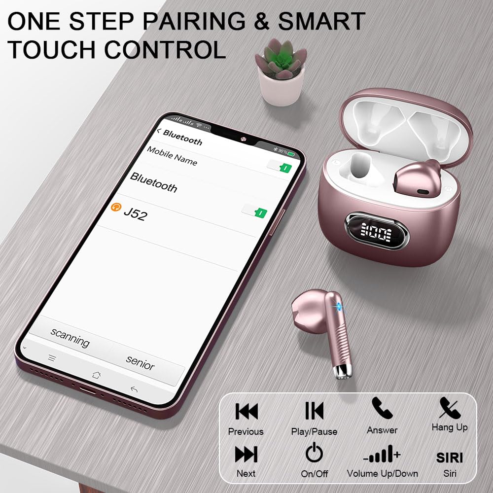 Cuffie wireless Bluetooth 5.4 HiFi stereo, riduzione del rumore ENC | 42H - Cuffie wireless Bluetooth con driver da 13 mm, design mini da 3,5 g, display LED, USB-C, IP7, cuffie iOS Android