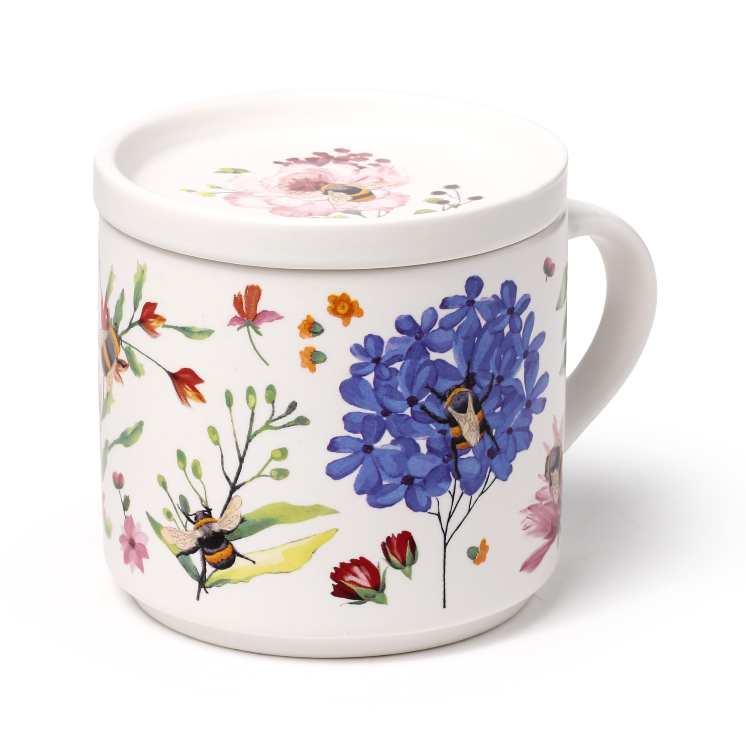 Puckator Set Tazza in Porcellana e Sottobicchiere/Coperchio 2 in 1 - Api & Fiori - Nectar Meadows, Confezione Regalo (Confezione da 2)