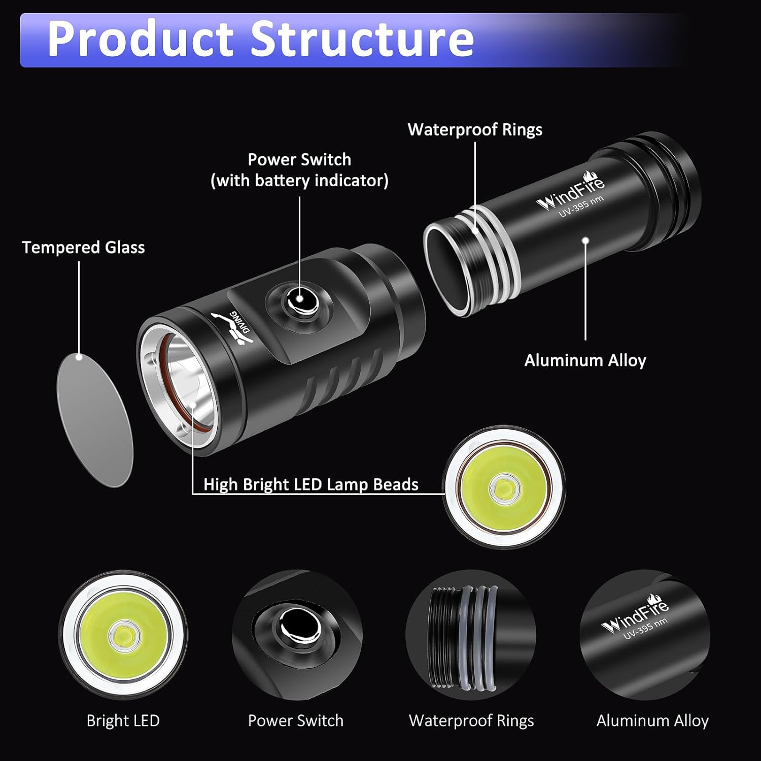 WINDFIRE Dive Light, 395 nm UV Scuba Flashlight, Waterproof Black Light Flashlight with Power Indicator for Scuba Diving, Underwater Fluorescence & Pet Urine Detection