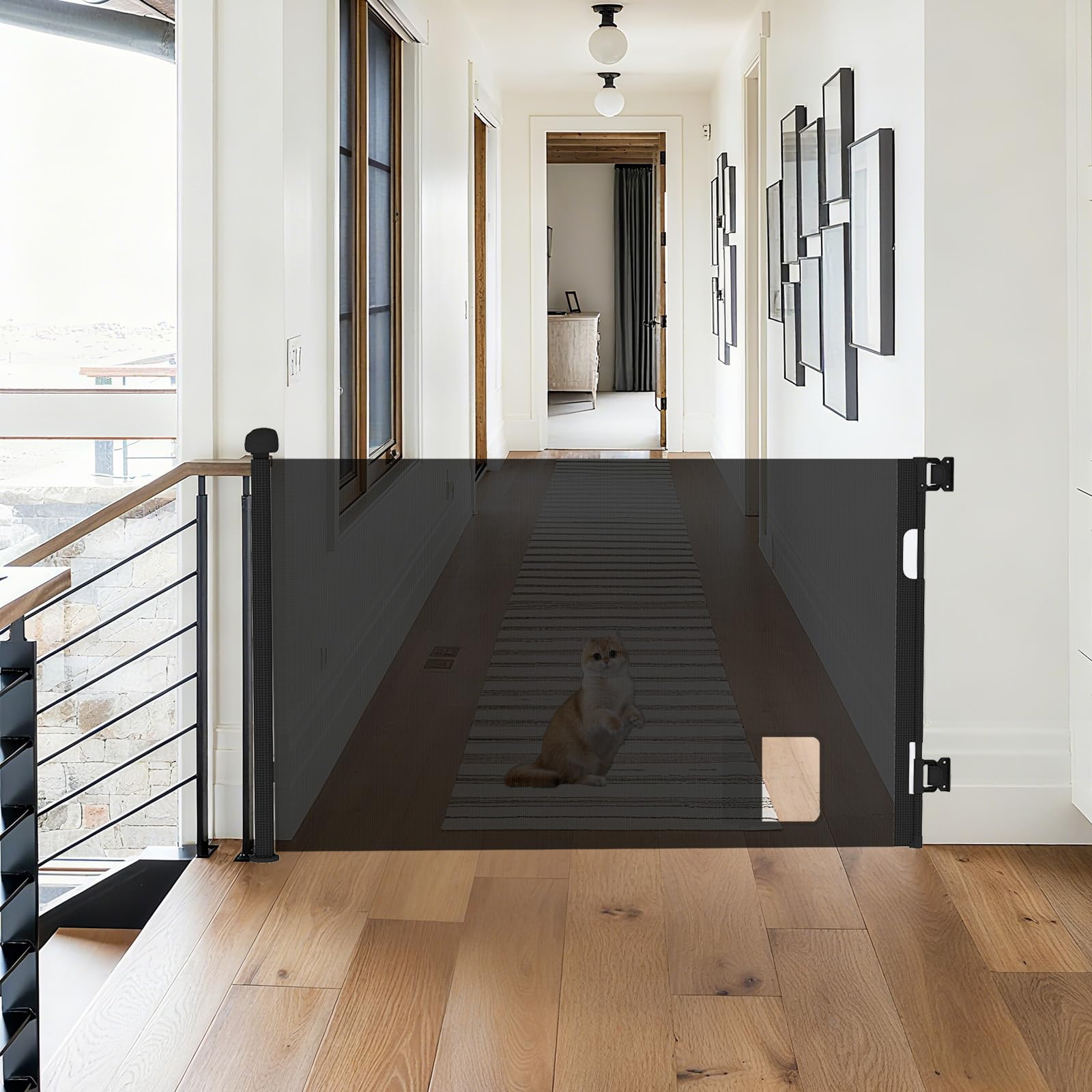 Rejilla de protección para escaleras extensible de 0 a 150 cm, con solapa para gatos, rejilla de protección para puerta, barrera para bebés, rejilla de protección para bebés y mascotas (negro)