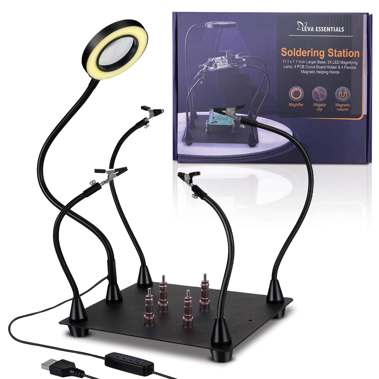 Helping Hands Soldering Station with 3X Magnifying Lamp & LED Light – Third Hand Tool with Soldering Clamp & PCB Holder – Solder Helping Hands with
