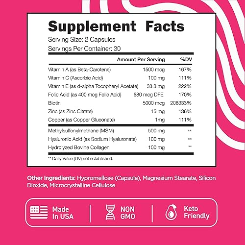 Miniatura 6 de Vital Vitamins Píldoras de complejo de biotina - con ácido hialurónico, MSM, colágeno y vitamina C - Suplemento para cabello, piel y uñas - 60