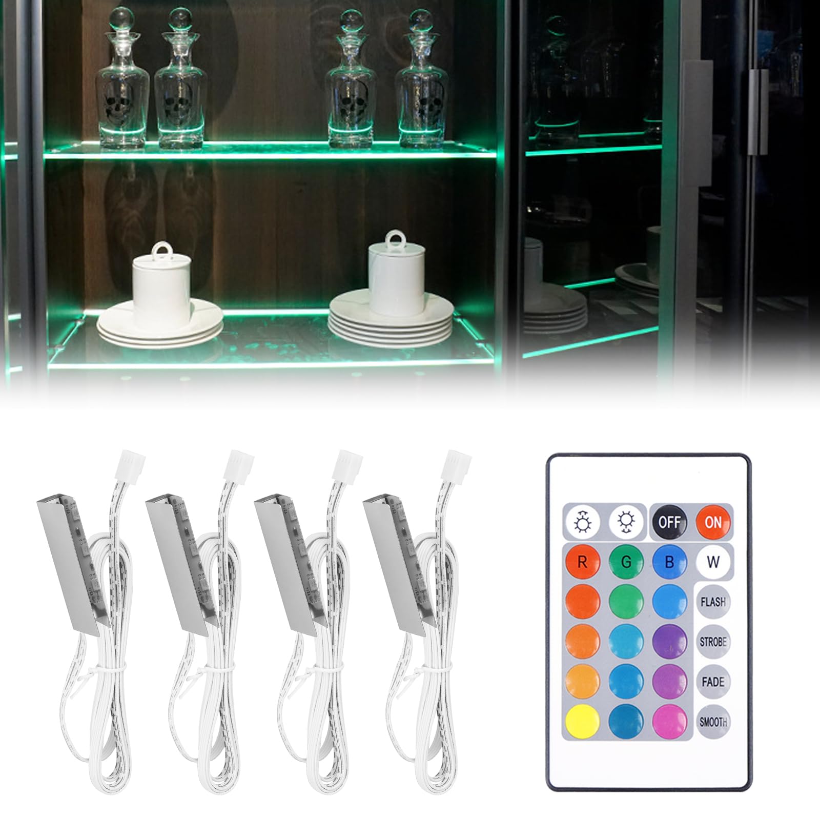 Lot de 4 clips LED pour éclairage de sol en verre, éclairage LED pour vitrines, éclairage LED pour sous-meuble de cuisine, éclairage LED pour armoire avec changement de couleur RVB à distance, pour