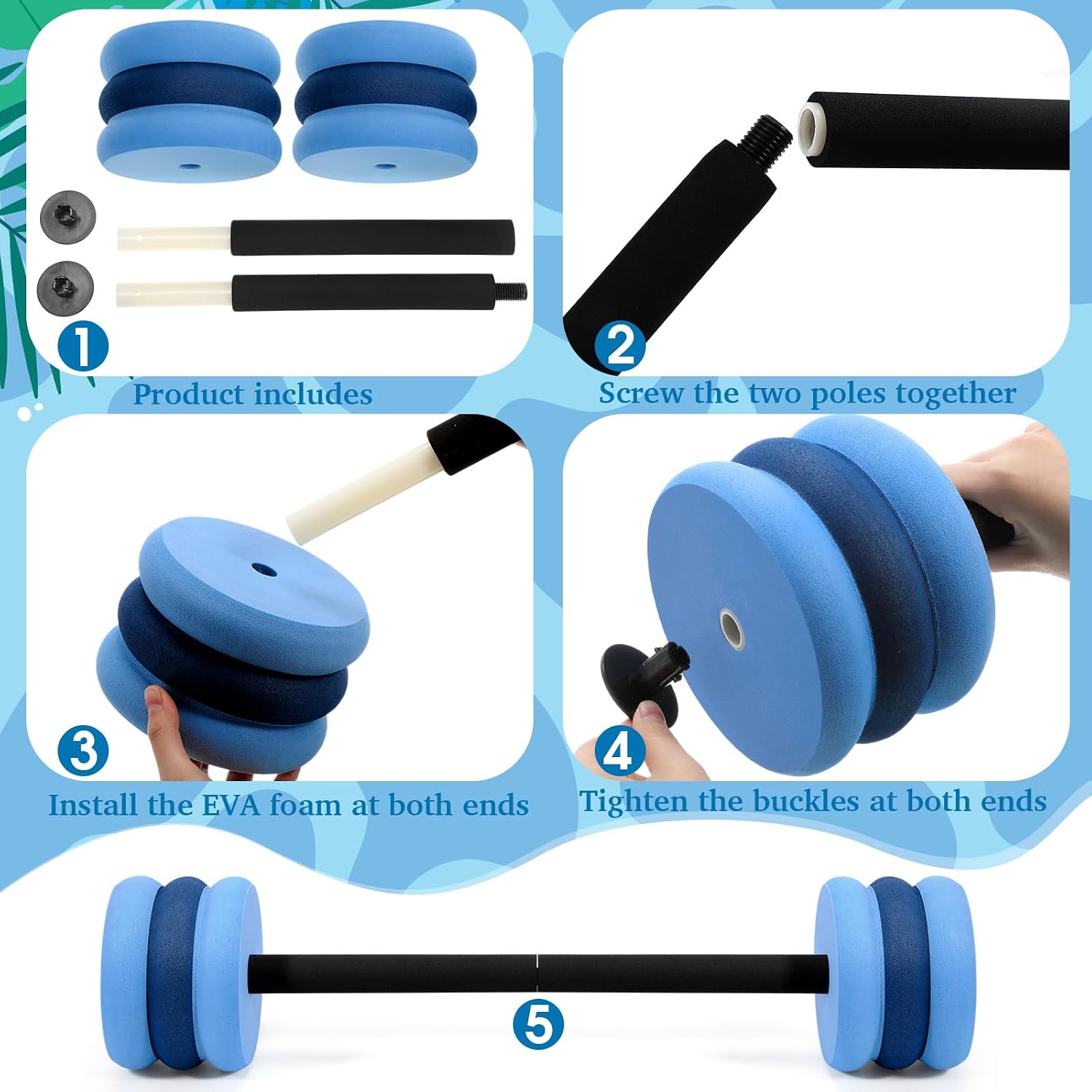 Soulchen Long Aquatic Exercise Dumbbells Foam Water Weights Dumbbell Aquatic Pool Barbells with High Density EVA Foam for Swim Water Aerobics Workouts Loss
