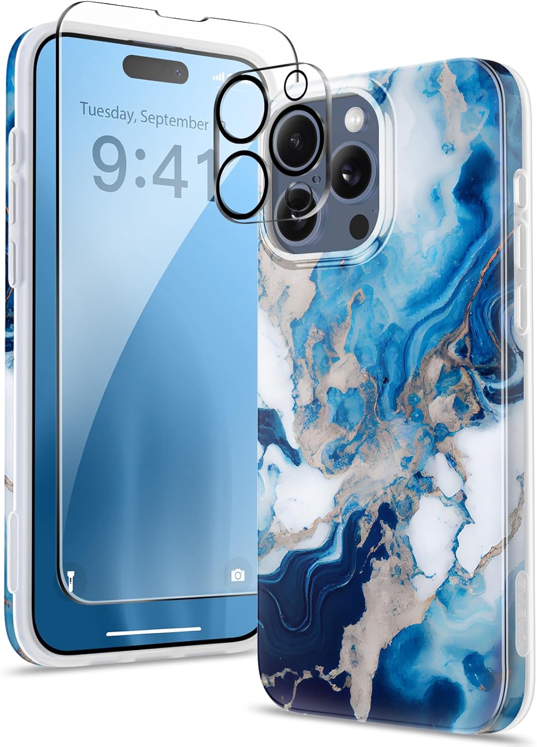 GVIEWIN for iPhone 15 Pro Max Case 6.7″, Screen Protector+Camera Lens Protector, Shockproof Drop Protection, Marble Design Slim Soft TPU for iPhone 15 ProMax Women Phone Cover (Ice Sheets/Blue)