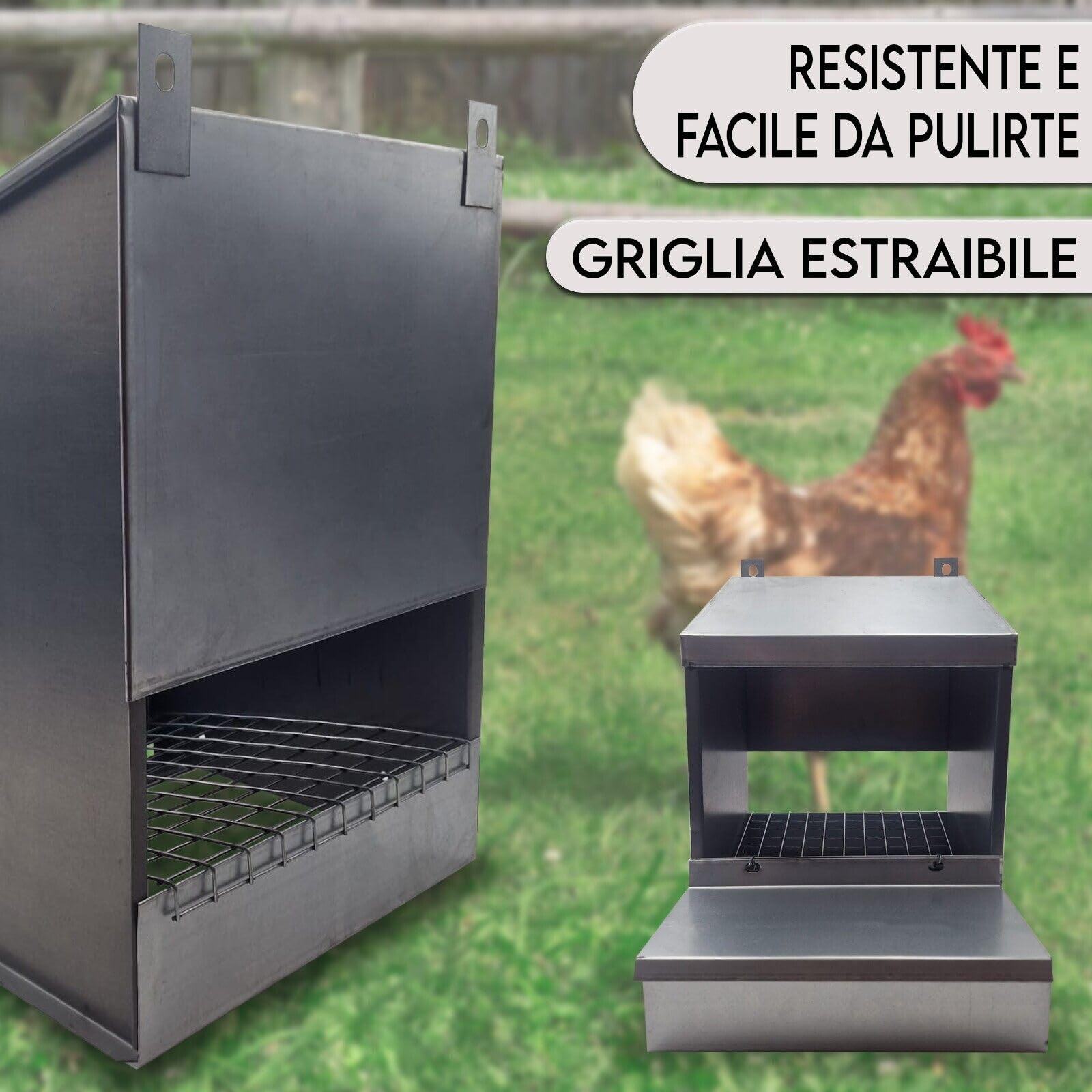 MAKA Nido per Galline Ovaiole 1 Posto Struttura in Lamiera e Rete Zincata Inclinata con Raccolta Uova Cassetta Contenente 30 Uova Ideale Pollaio Interno ed Esterno Tetto Spiovente 33x31x50 cm