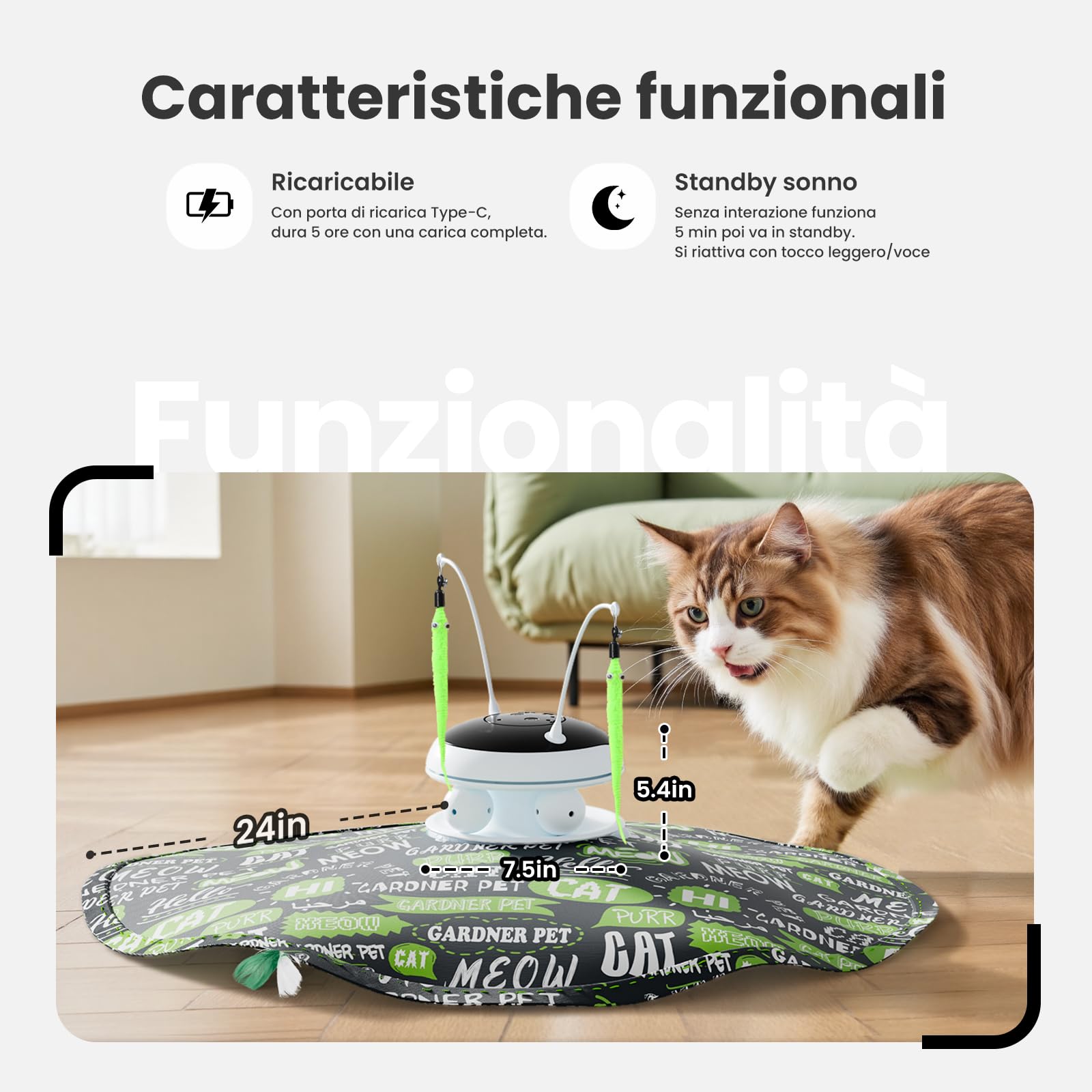 Gardner Pet Giocattolo per Gatti, 5 in 1 Elettrico Interattivo Automatico per Gatti, Gioco con Nascondino, Giocattolo con Piume, Laser, Palline e Suoni di Uccelli, Ricarica USB, Verde