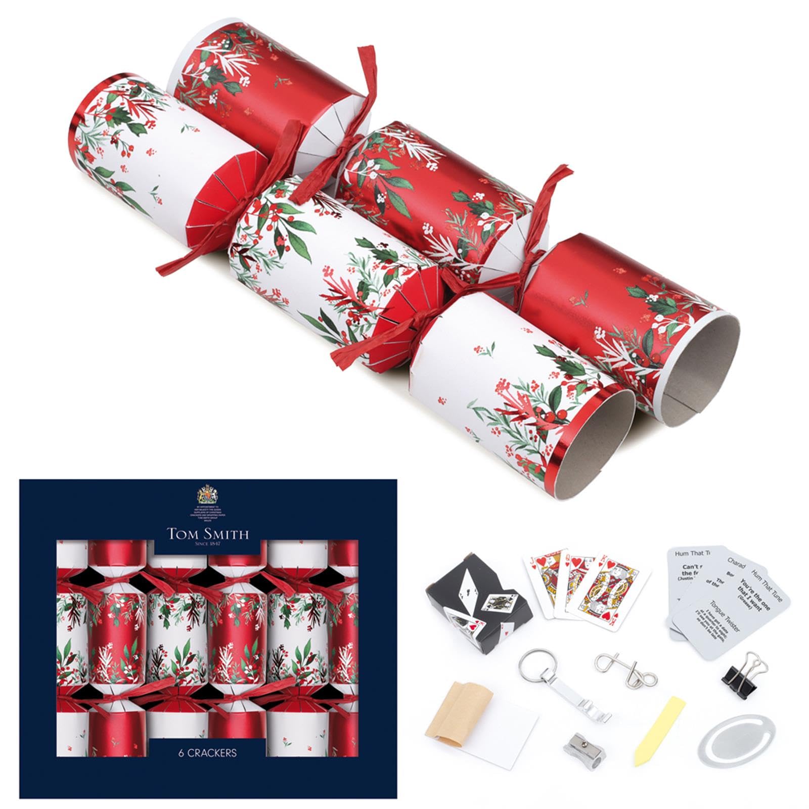 Tom Smith Pack 6 Luxury Mini Charity Christmas Crackers White & Red Holly Ivy Design