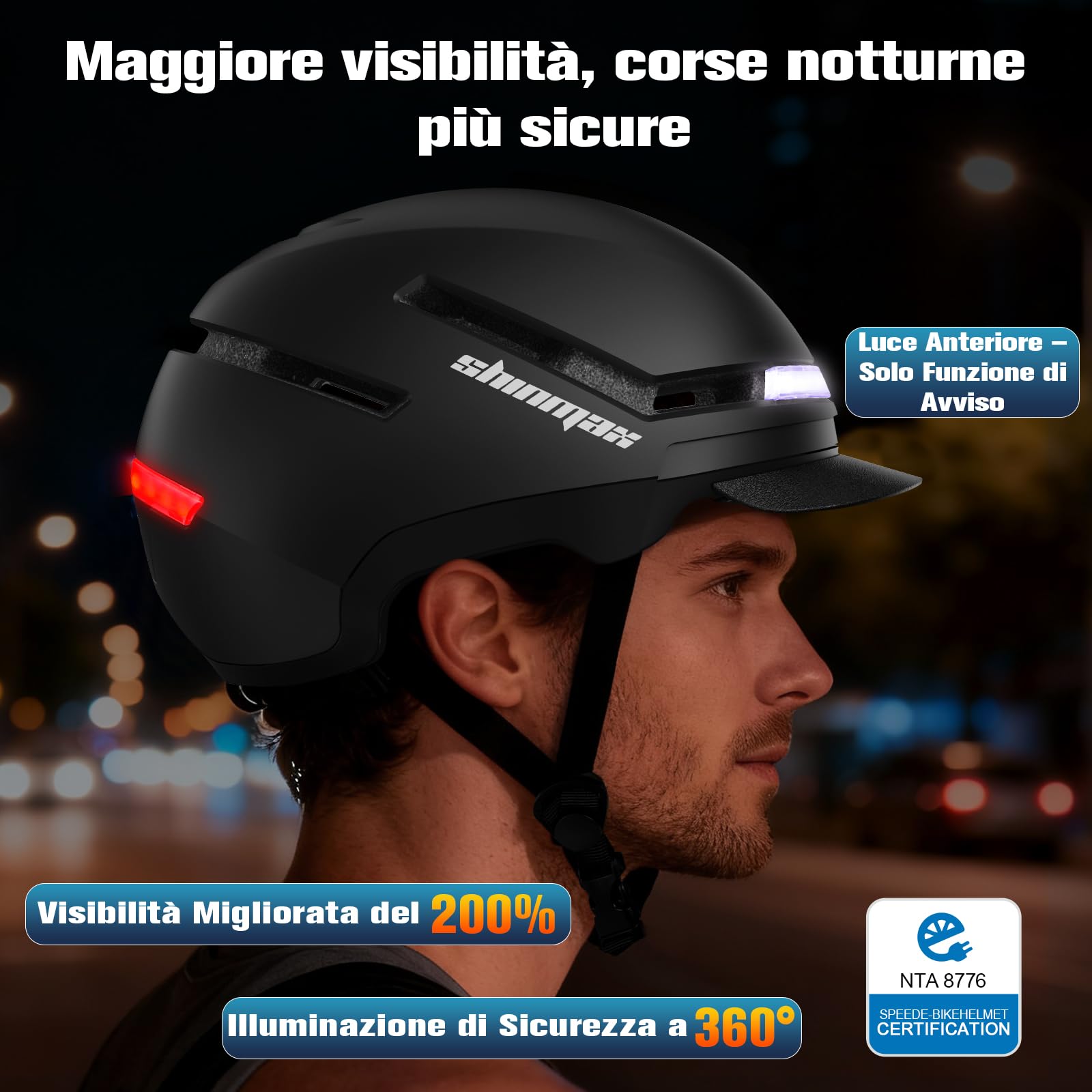 Shinmax Casco Bici Uomo e Donna con LED Indicatori di Direzione, USB Ricaricabile, Visiera Rimovibile, Casco Bicicletta per Ciclismo Urbano, Trekking, Commuting e Monopattino Elettrico