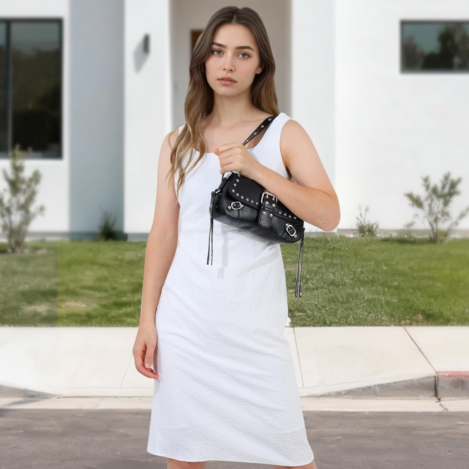 Oweisong Women Y2K Purse Vintage Studded Saddle Bag Punk Goth Rivet Top Handle Bag for Ladies - Image 2