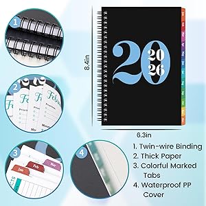 2026 Planner - Planner 2026, January 2026 - December 2026, 6.4" x 8.5", 2026 planner Weekly and Monthly with PP Cover and Colorful Tabs - Black