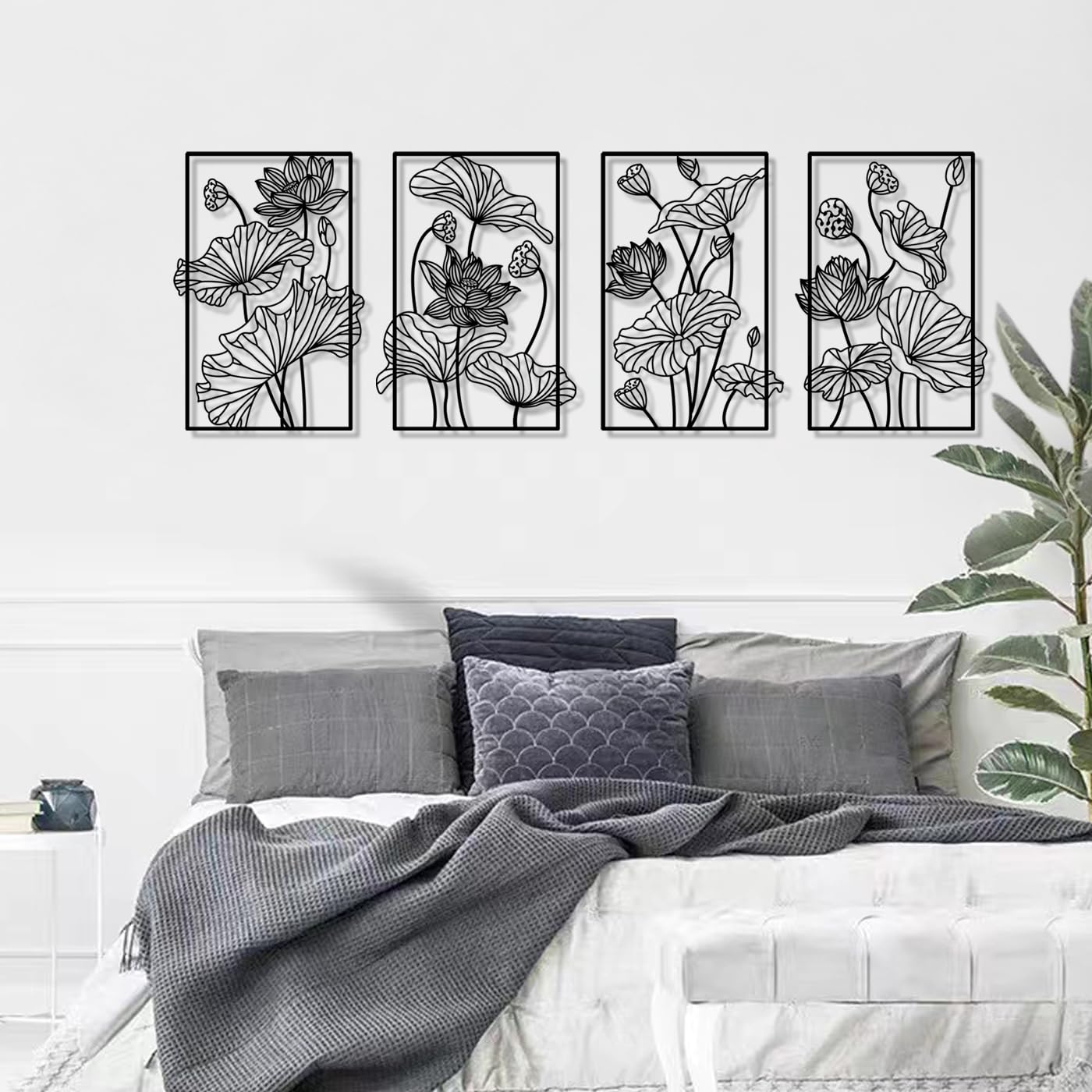Pduoduo Metall Abstrakte Pflanze Floral Line Art Wanddekoration,Blume Minimalistische Wandkunst,Linie Blume Moderne Hängende Skulptur 4 Panel