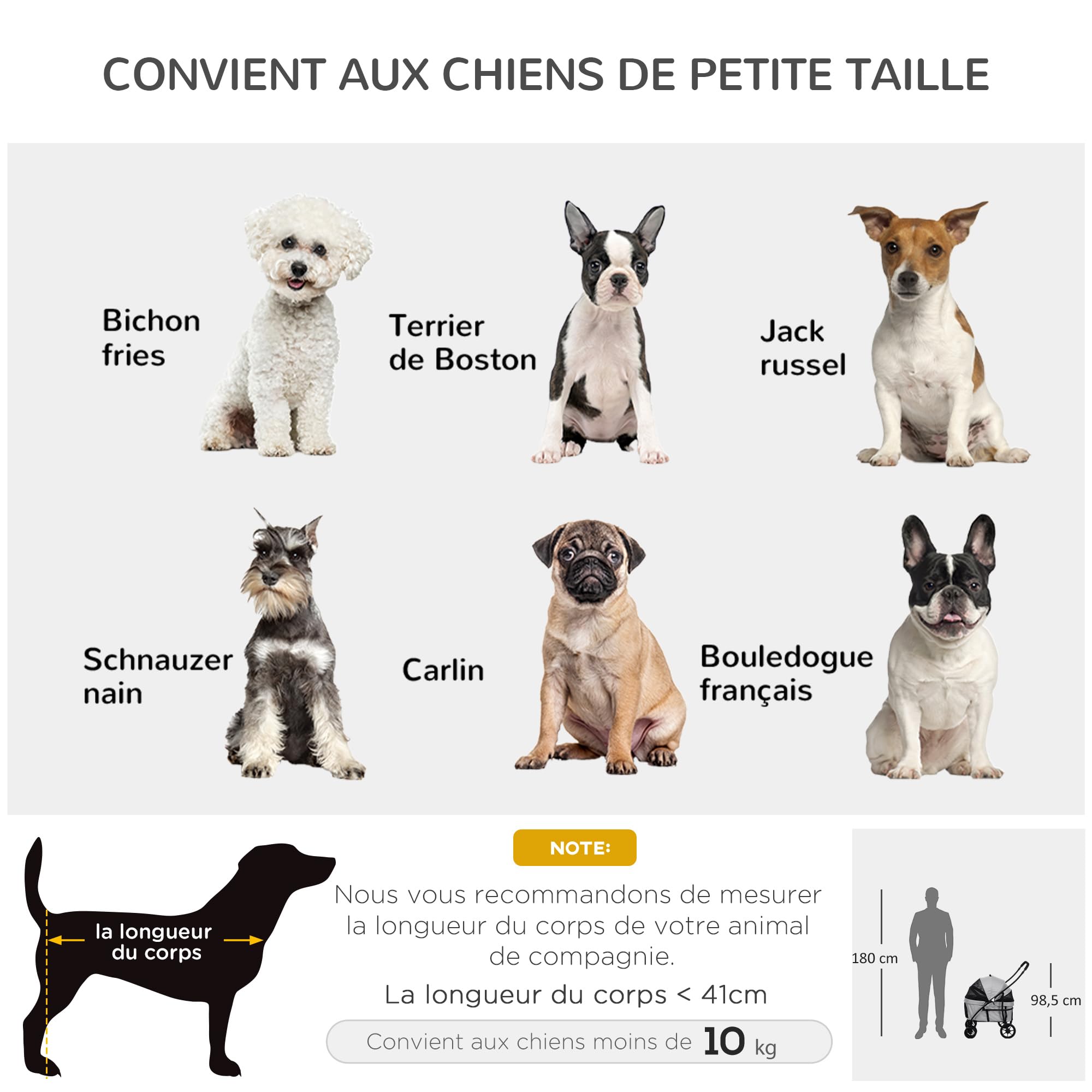 PawHut Poussette pour chien et chat 2 en 1 pliante chariot pour chat chiots avec nacelle amovible, coussin, laisse de sécurité, jusqu'à 10 kg, acier 81 x 68 x 98,5 cm, gris