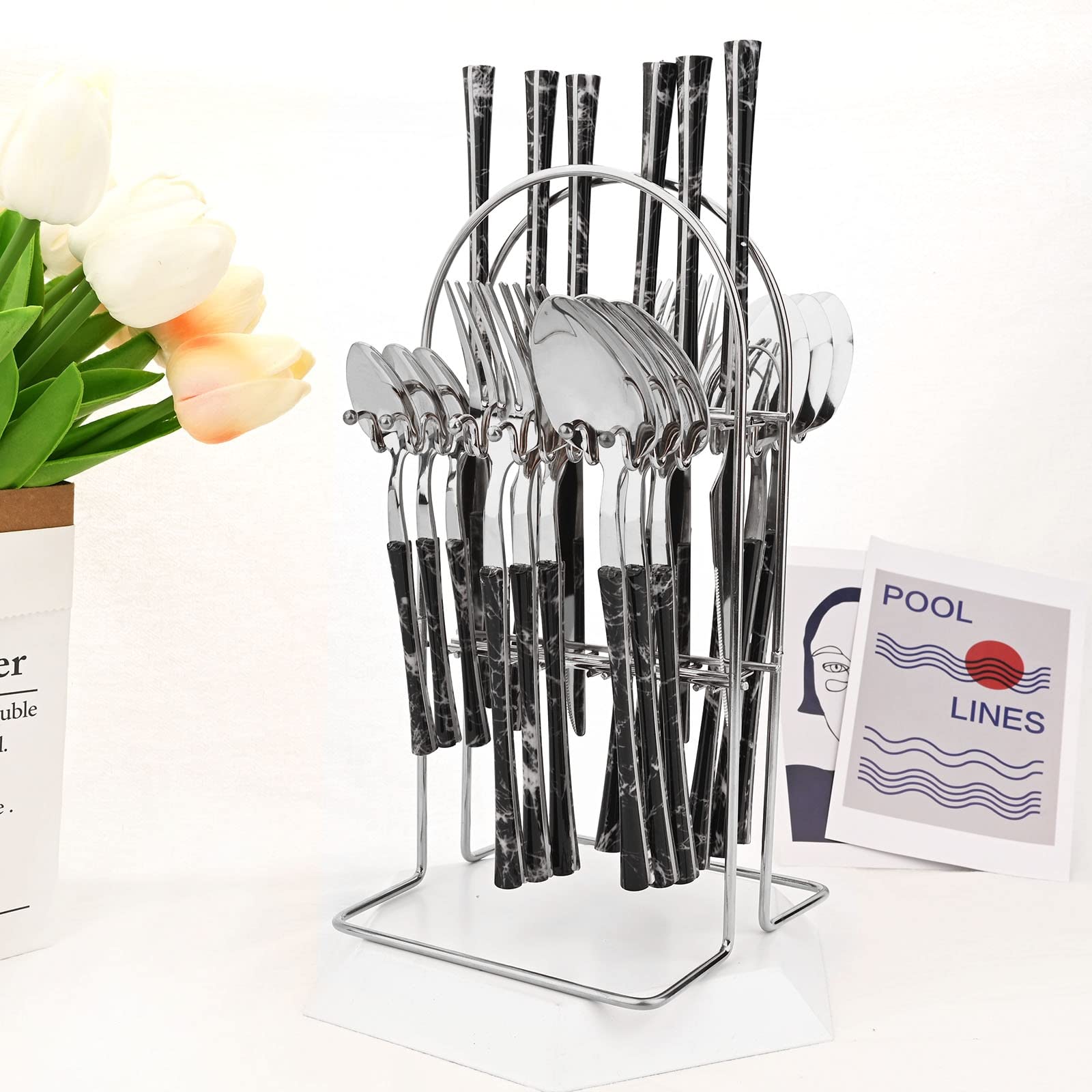 Besteck-Set mit Kunstkeramikgriff, Edelstahl-Küchenbesteck-Set mit Organizer, 24-teiliges Besteck (Color : 24Pcs Black Gold-Box) (24pcs Black Silv)