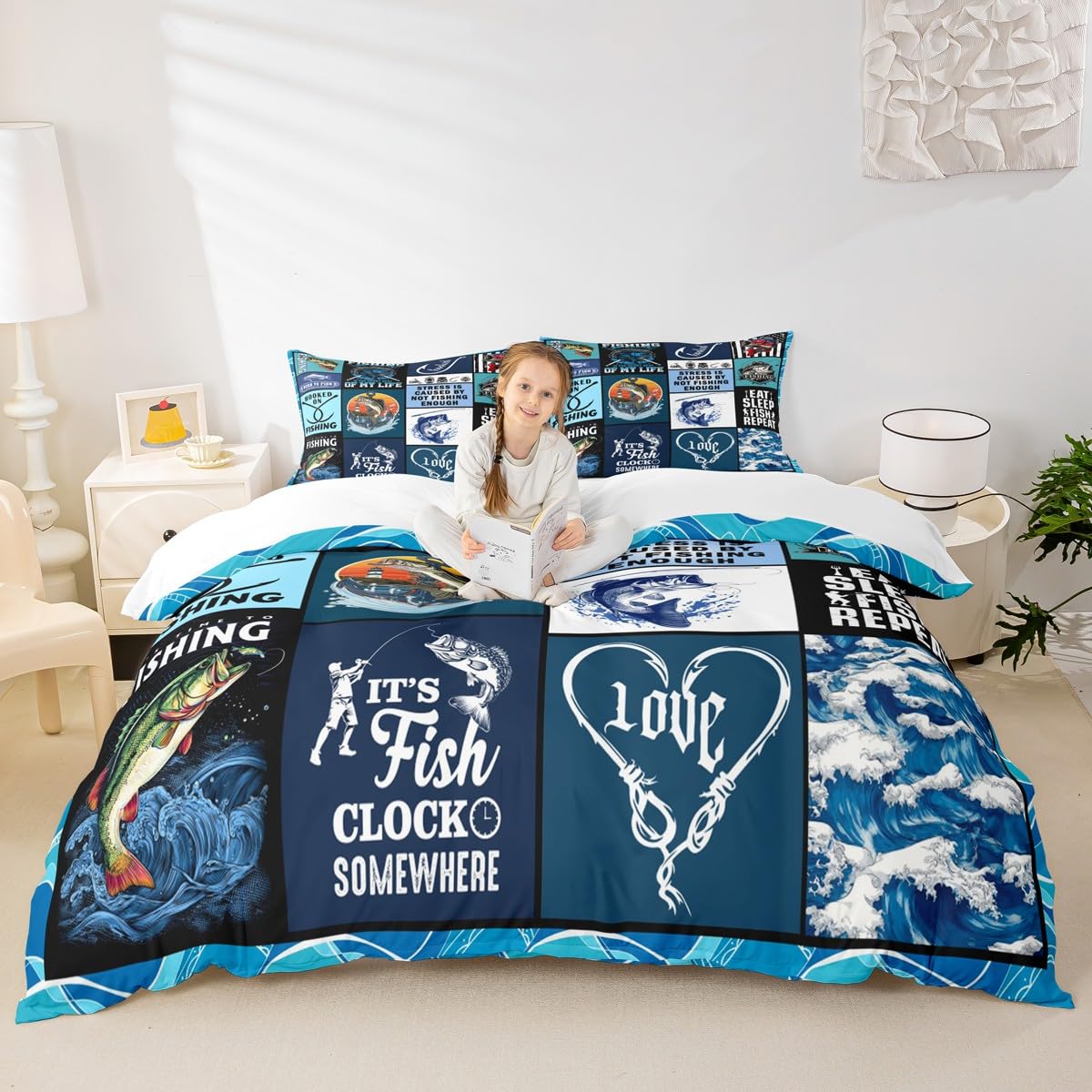 Go Fishing Kids Duvet Cover Set King Size,Bass Fish Hook Geometric Plaids Bedding Set,Boys Girls Adults Room Decor,Sea Waves Rustic Camper Comforter