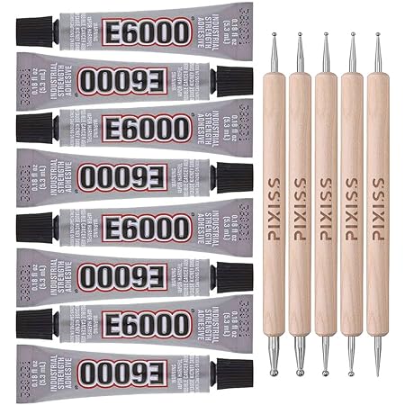 E6000 8-Pack 0.18 Ounce Bottles Industrial Strength Adhesive for Crafting and Pixiss Wooden Art Dotting Stylus Pens 5 pcs Set - Rhinestone Applicator Application Kit