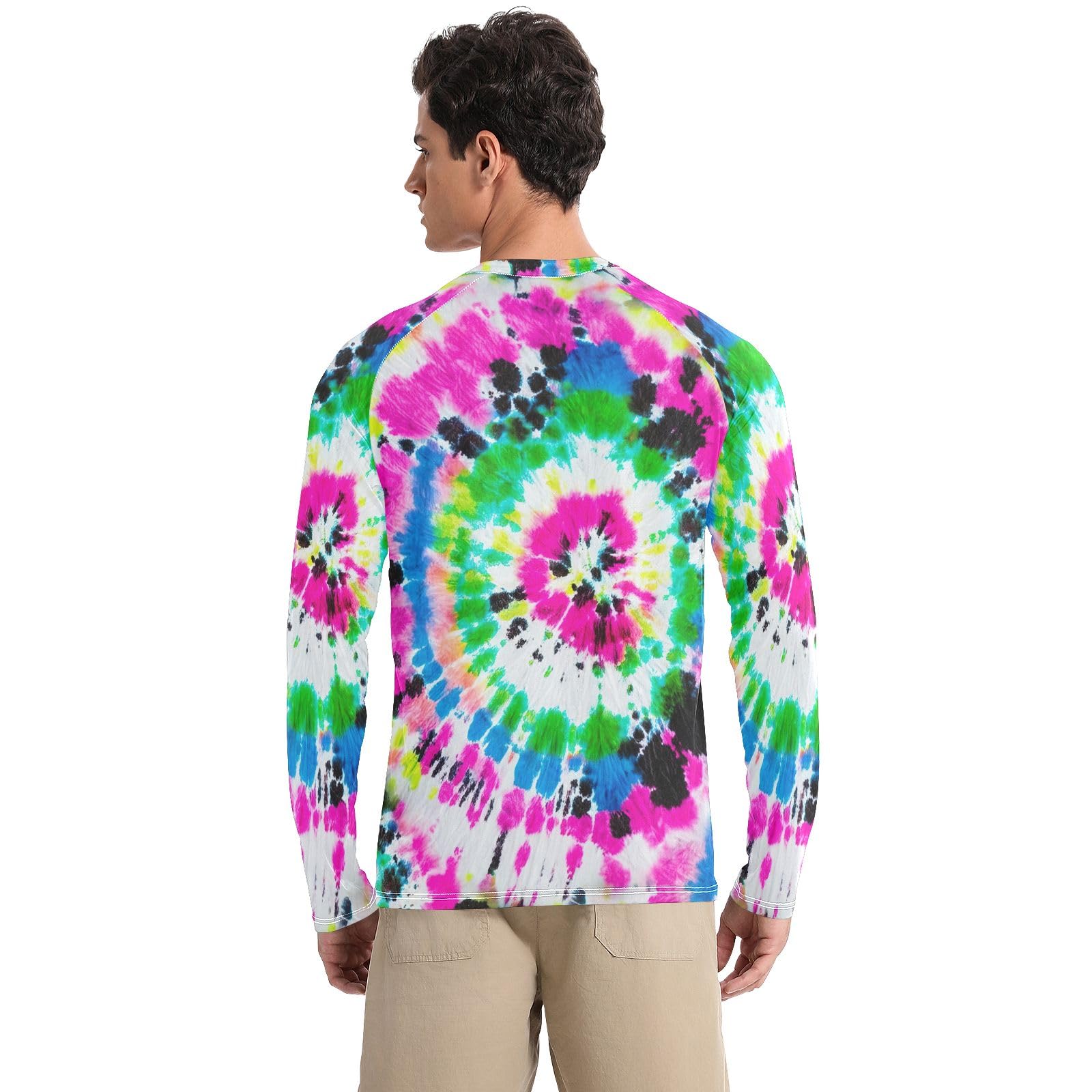 Colorful Tie Dye Men Rash Guard UV Protection UPF 50+ Sun Shirts Long Sleeve Quick Dry Swim Shirts, Small