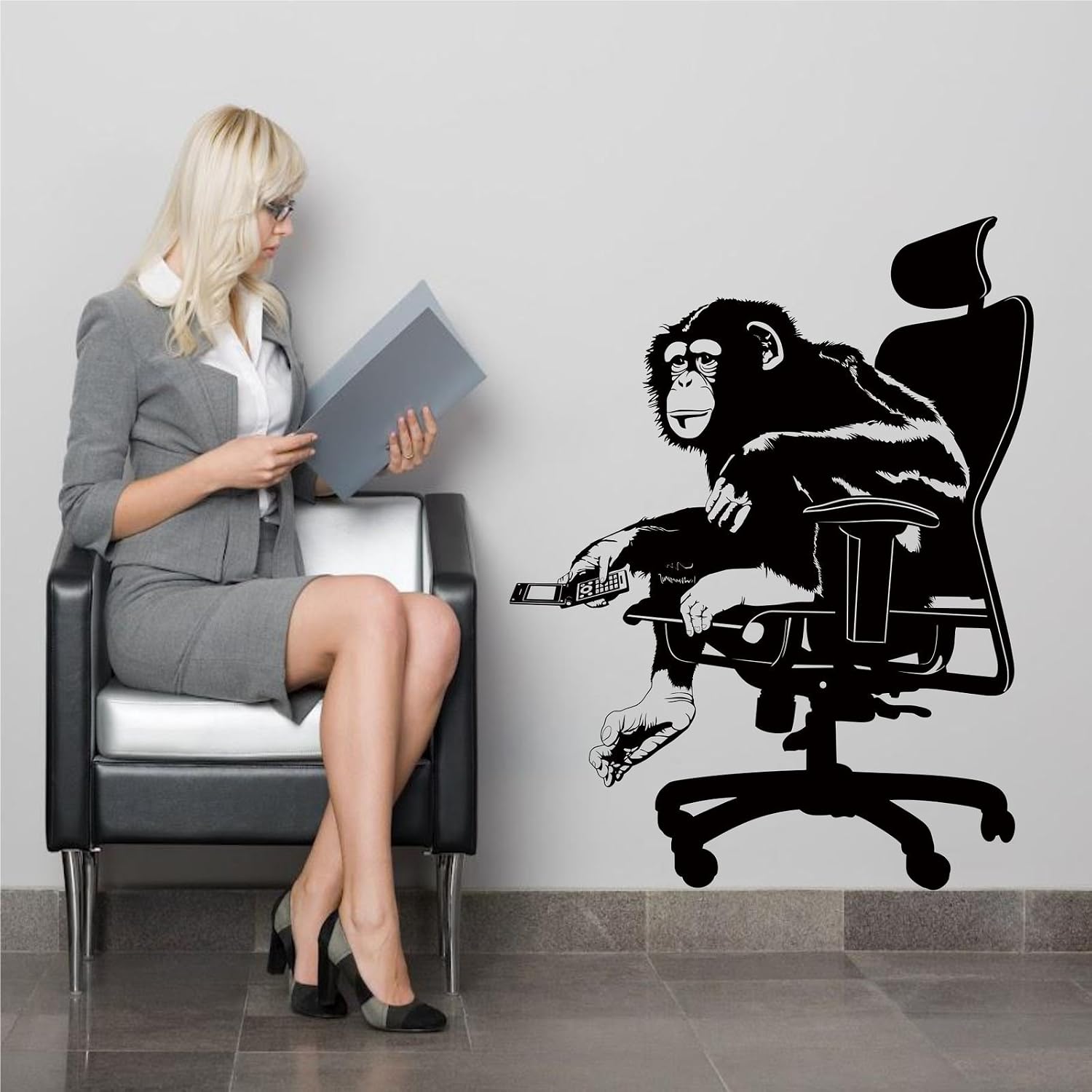 OFFICE MONKEY CHIMP ANIMAL WALL ART WALL STICKER DECAL MURAL STENCIL TRANSFER, Beige Gloss