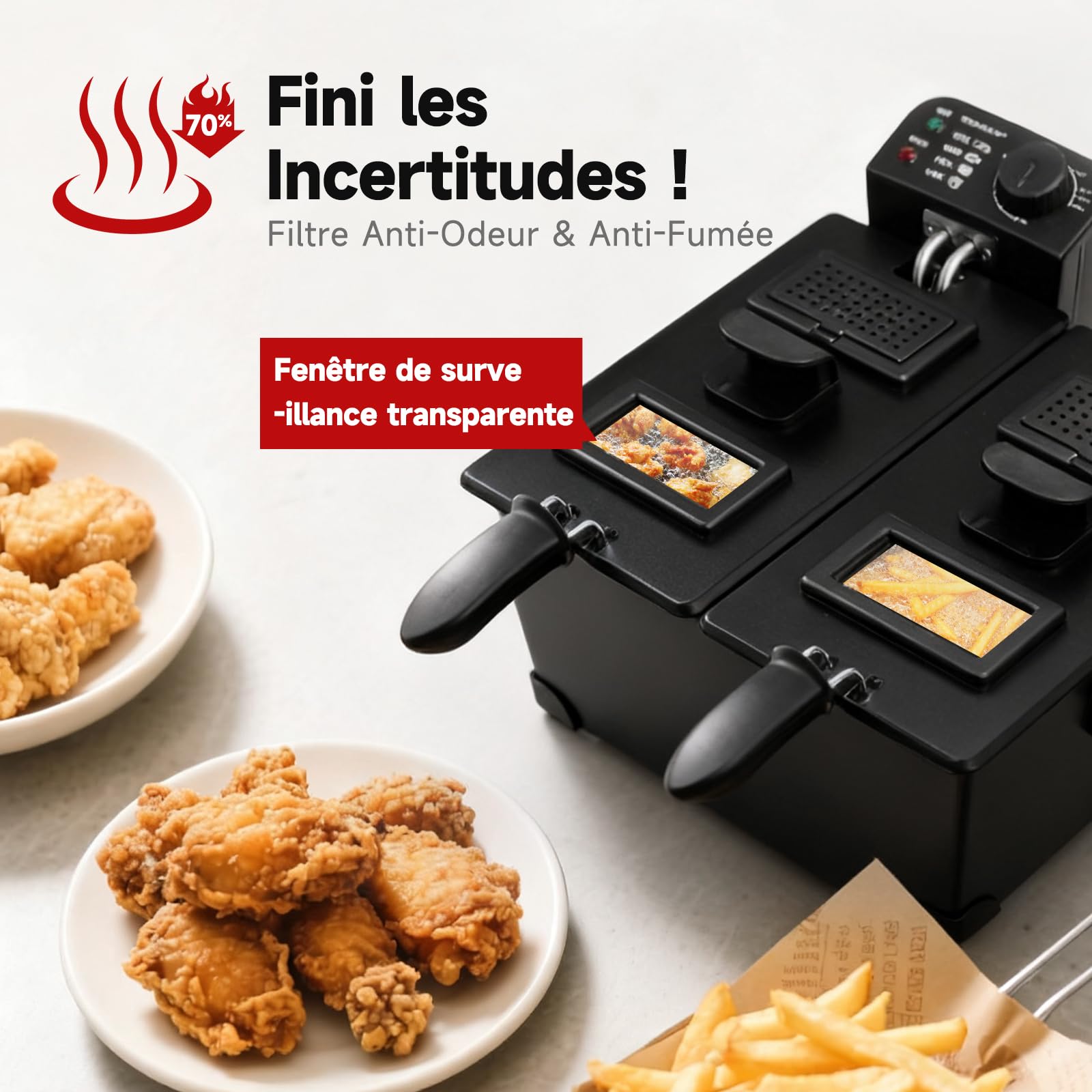 Aigostar Feast - Friteuse à double cuve indépendantes 0% BPA. 3600W, capacité totale 6L : 2 x 3L. 2 thermostats, 2 couvercles avec filtres et fenêtres et 2 paniers. Entièrement démontable.
