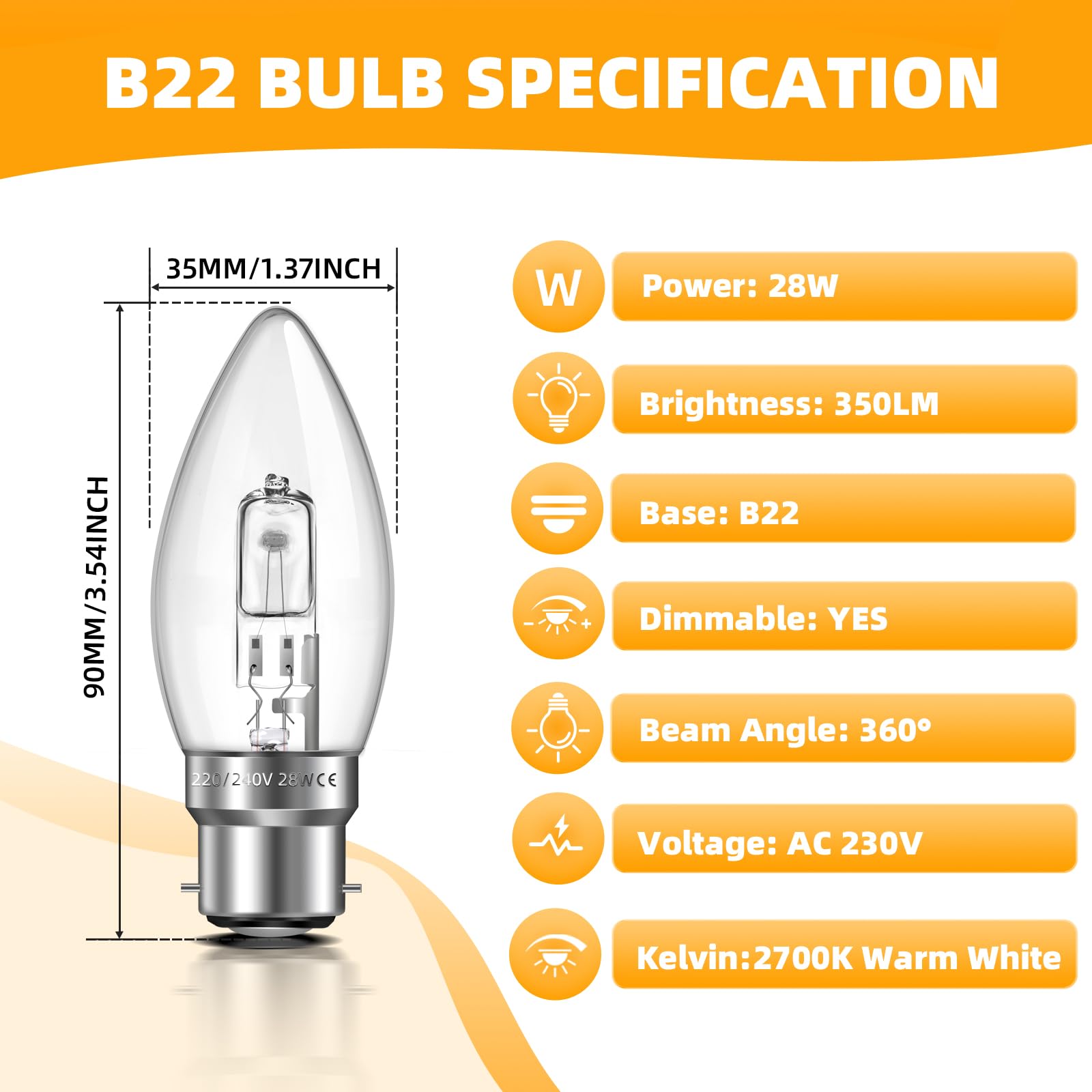 Liuyife B22 C35 Candle Light Bulb 28W, Dimmable, B22 Bayonet Cap Candle Bulb, Warm White 2700K 350LM, Clear Glass - Image 2