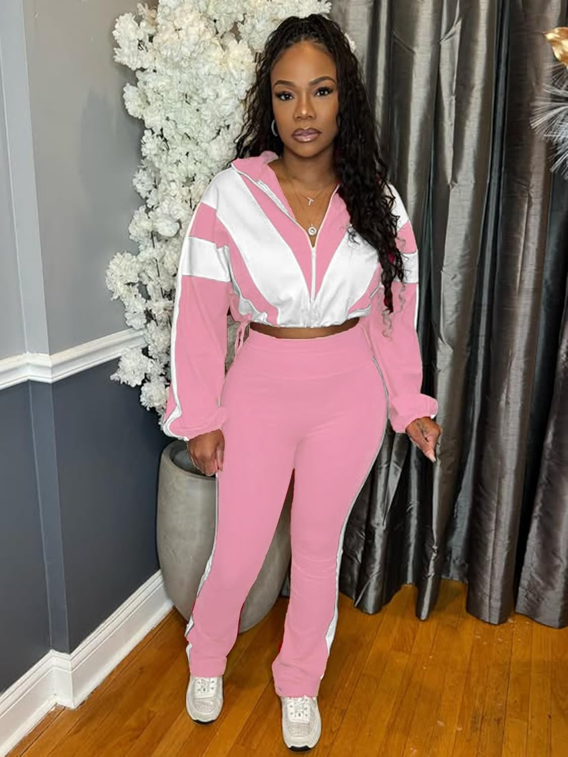 Women's 80s Color Block Tracksuit 2 Piece Outfit Zip Up Crop Jacket and Bodycon Pan... - Image 2