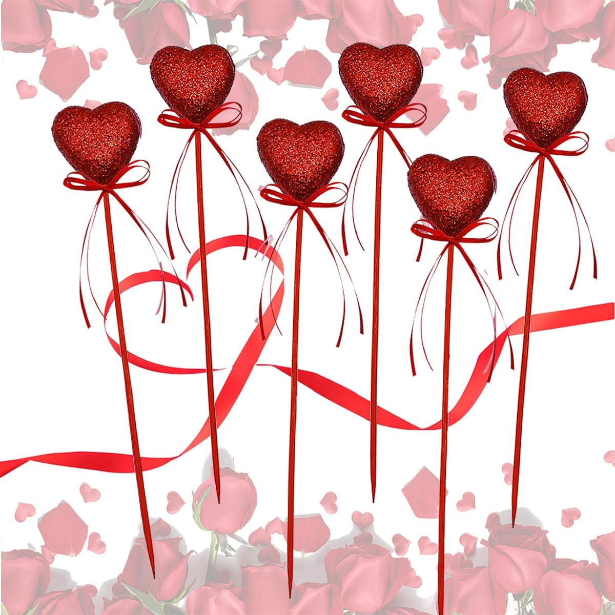 6 Pcs Glitter Heart Shaped Picks Valentine's Day Love Bowknot Floral Sparkly Sticks Artificial Foam Berry Stems for Valentine Wedding Anniversary Party Supplies DIY Craft Accessories (Red)