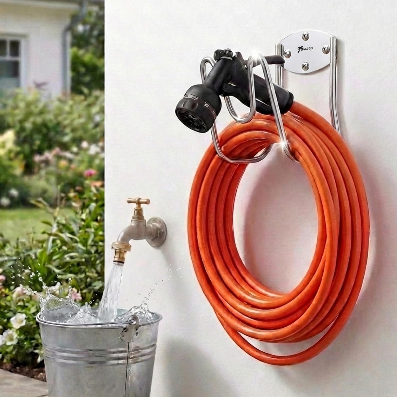 JBscoop Stainless Steel Garden Hose Holder Wall Mount – Silver SUS304 Hose Hanger for Indoor & Outdoor Use