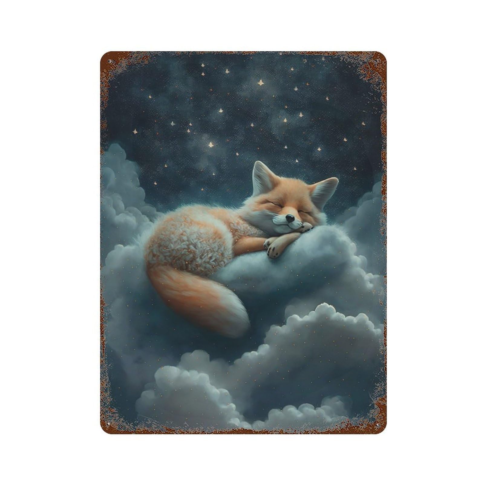 Rust Effect Red Fox Dreaming Distressed Metal Wall Sign 15.7"x11.8", Farmhouse Wall Decor for Office, Studio And Wall Decor