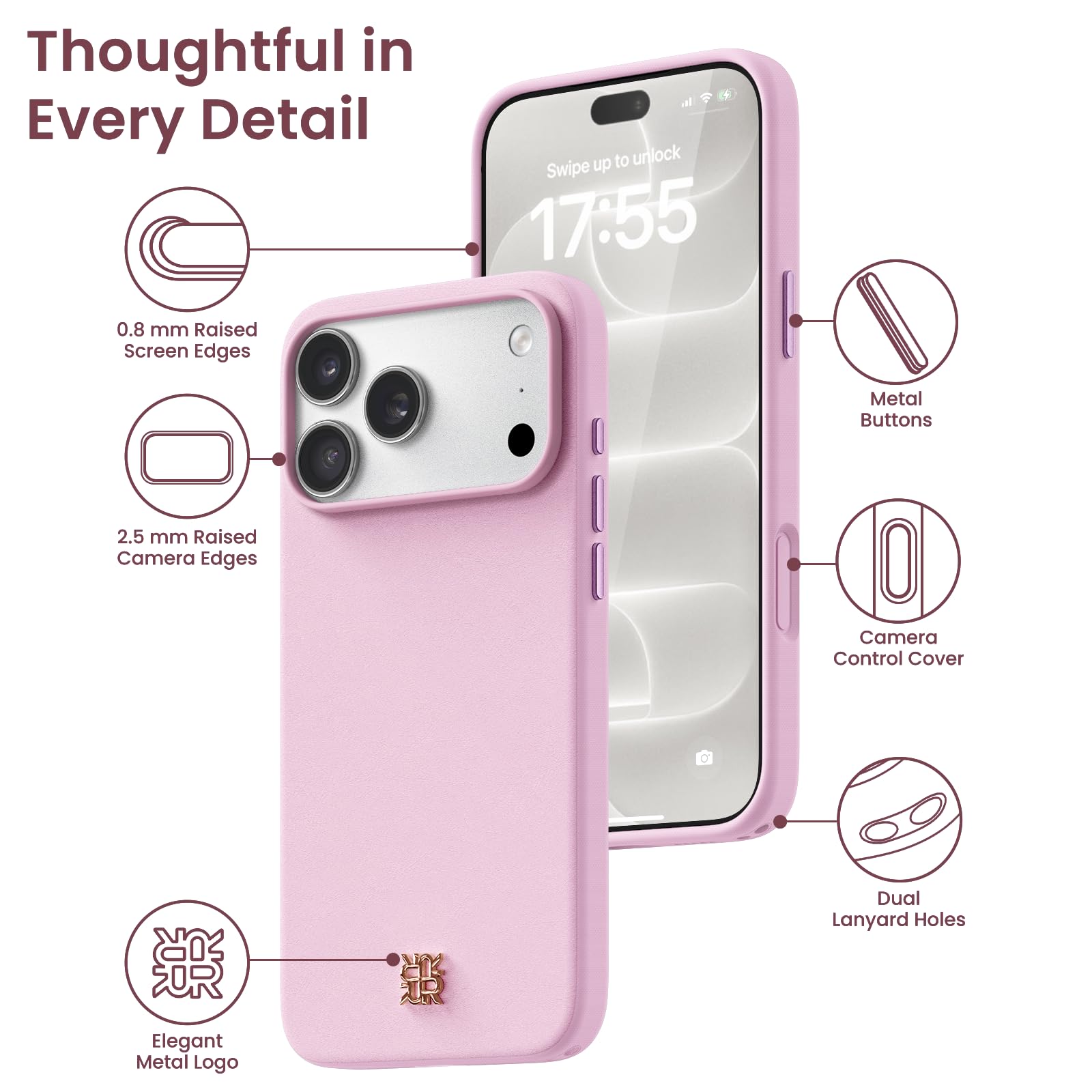 ORNARTO Cover per iPhone 18 Pro Max/17 Pro Max Pelle Vegana,Rosa Ballet