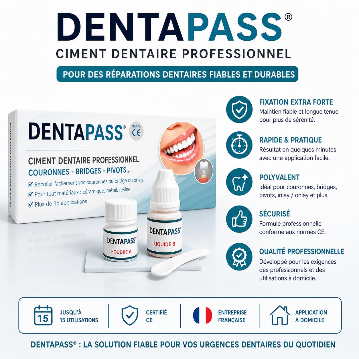 Ciment Dentaire | Colle Dentaire Pour Couronne, Bridge, Dent sur Pivot | Qualité Professionnelle | 15 Utilisations | Application Facile | Certifié CE | Entreprise FR